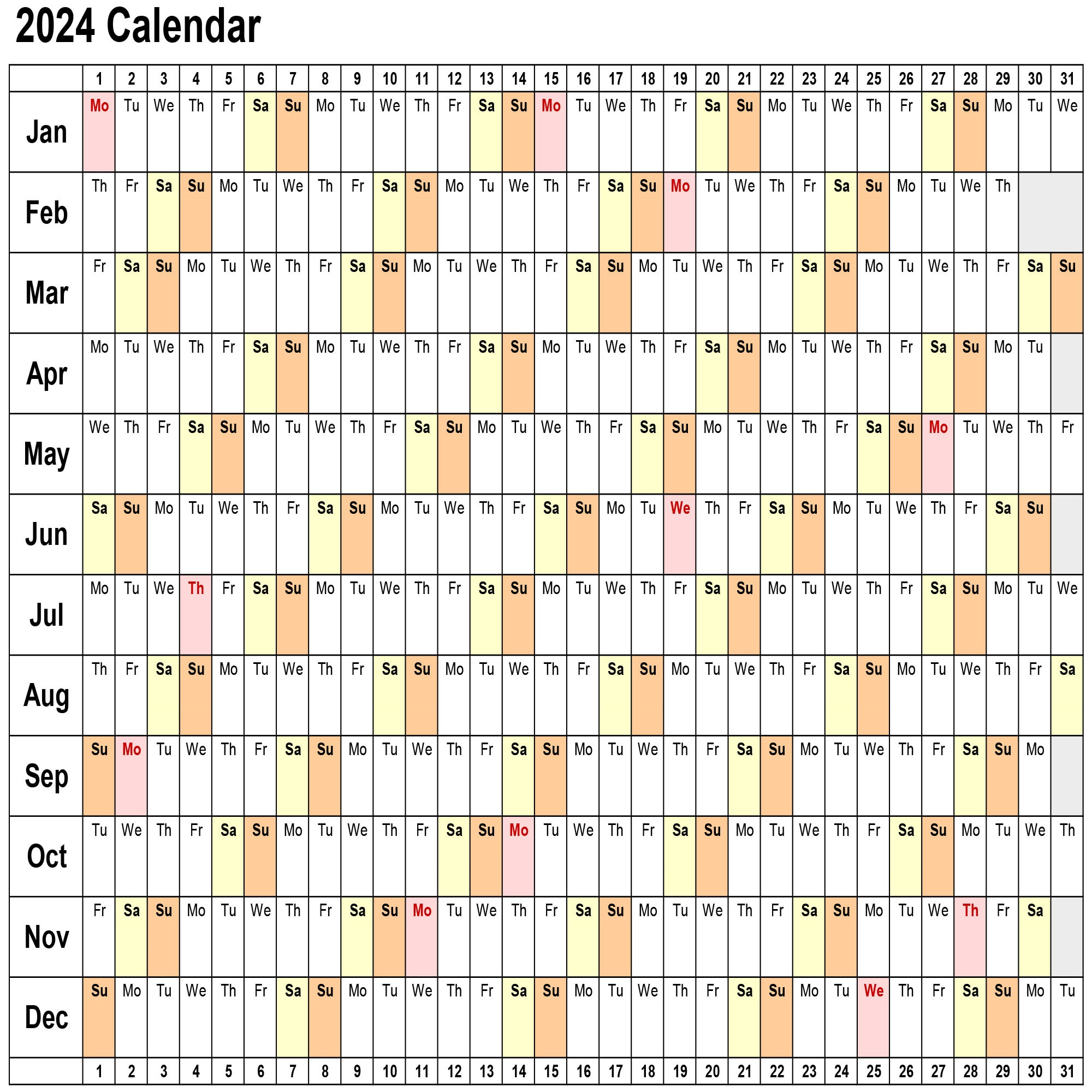 2024 Calendar Lanscape 2 Pages Printable Linear Excel | 2024 Calendar Singapore Printable