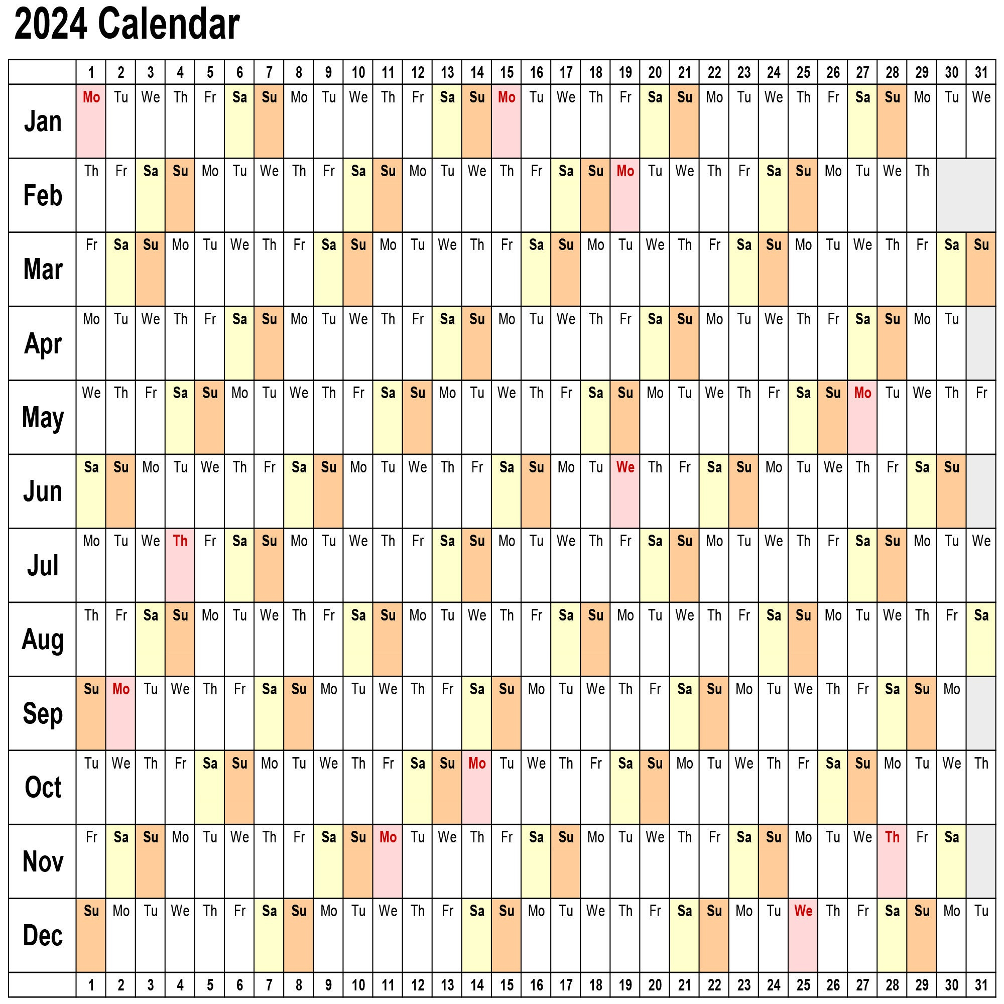 2024 Calendar Lanscape 2 Pages Printable Linear Excel | Printable Calendar 2024 Singapore