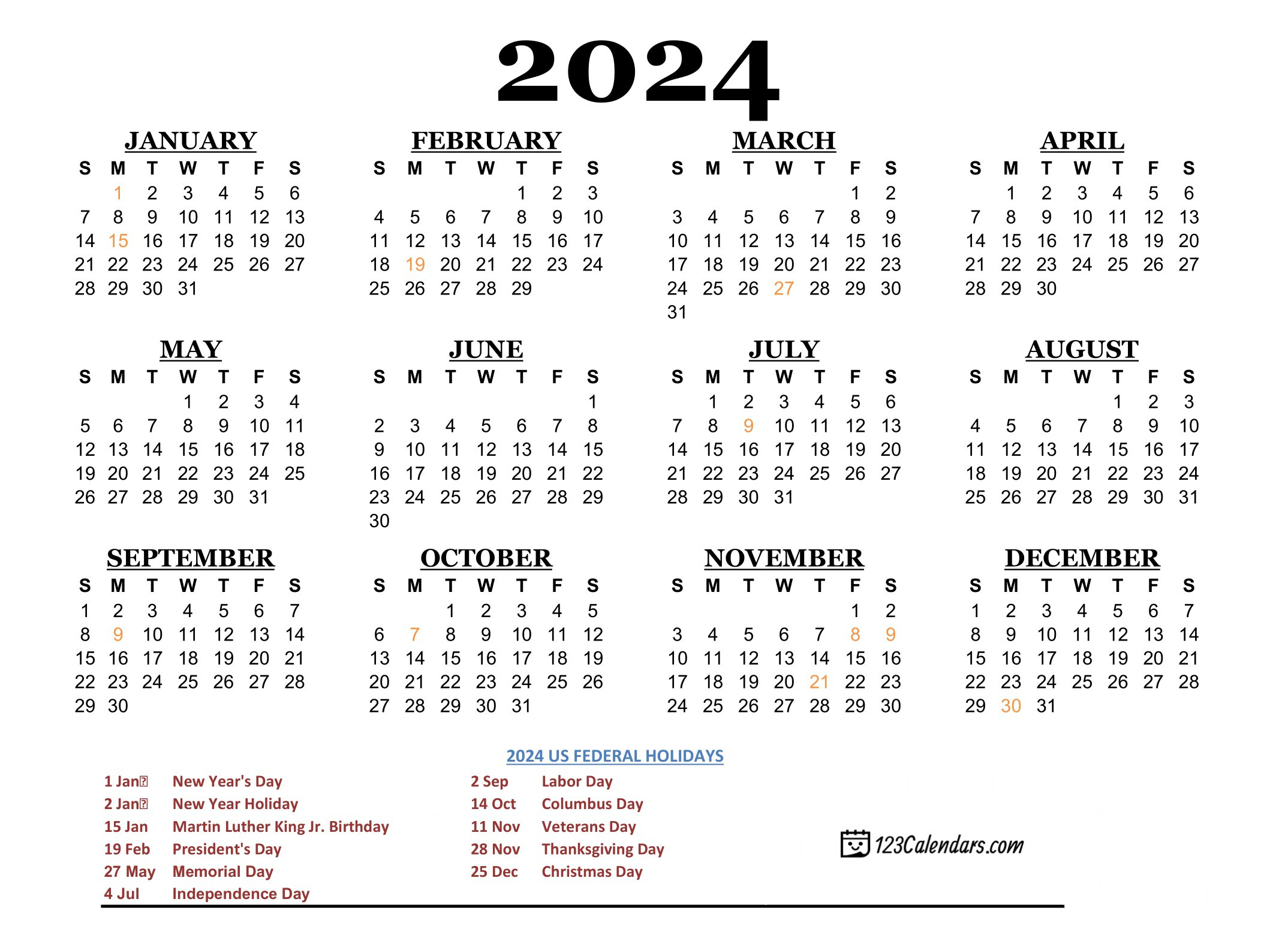 2024 Calendar | Monthly &amp;amp; Yearly Printable Calendars | Calendar Date 2024 Printable