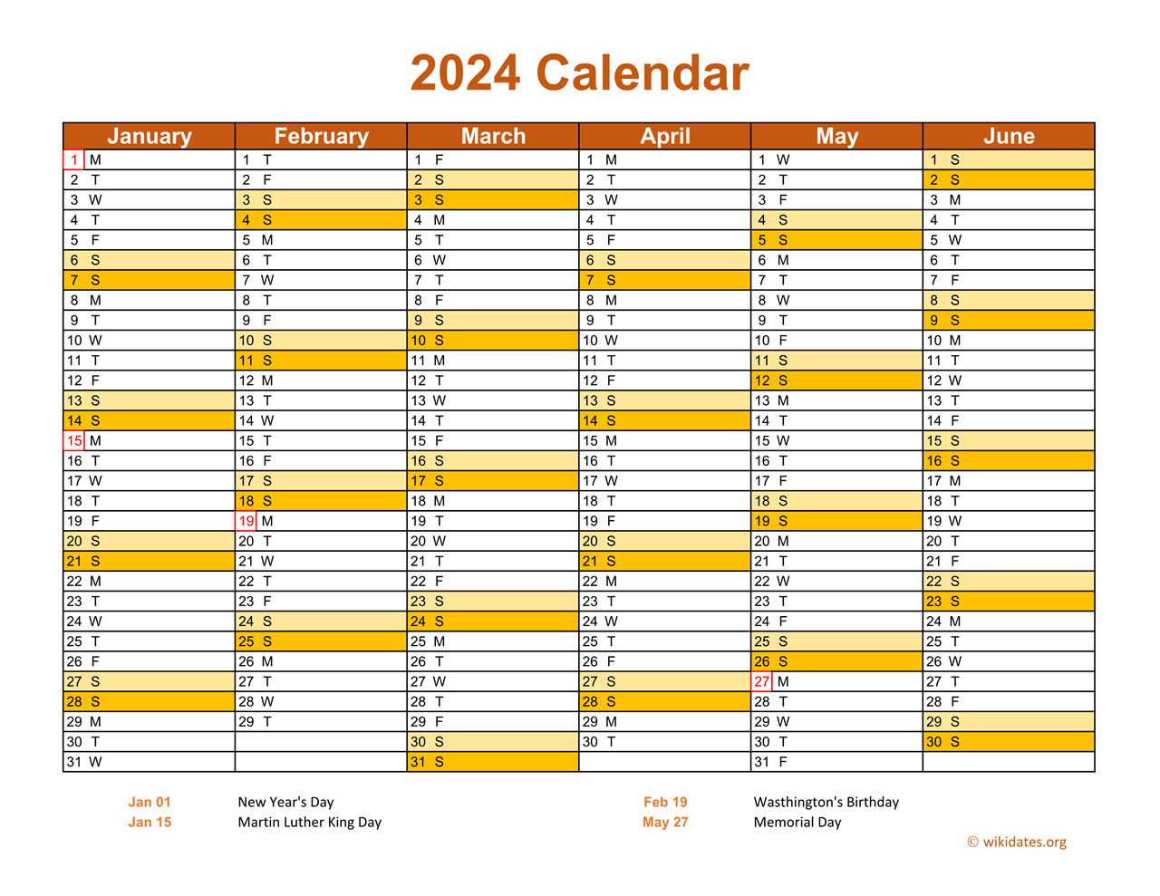 2024 Calendar On 2 Pages, Landscape Orientation | Wikidates | Calendar 2024 Printable South Africa