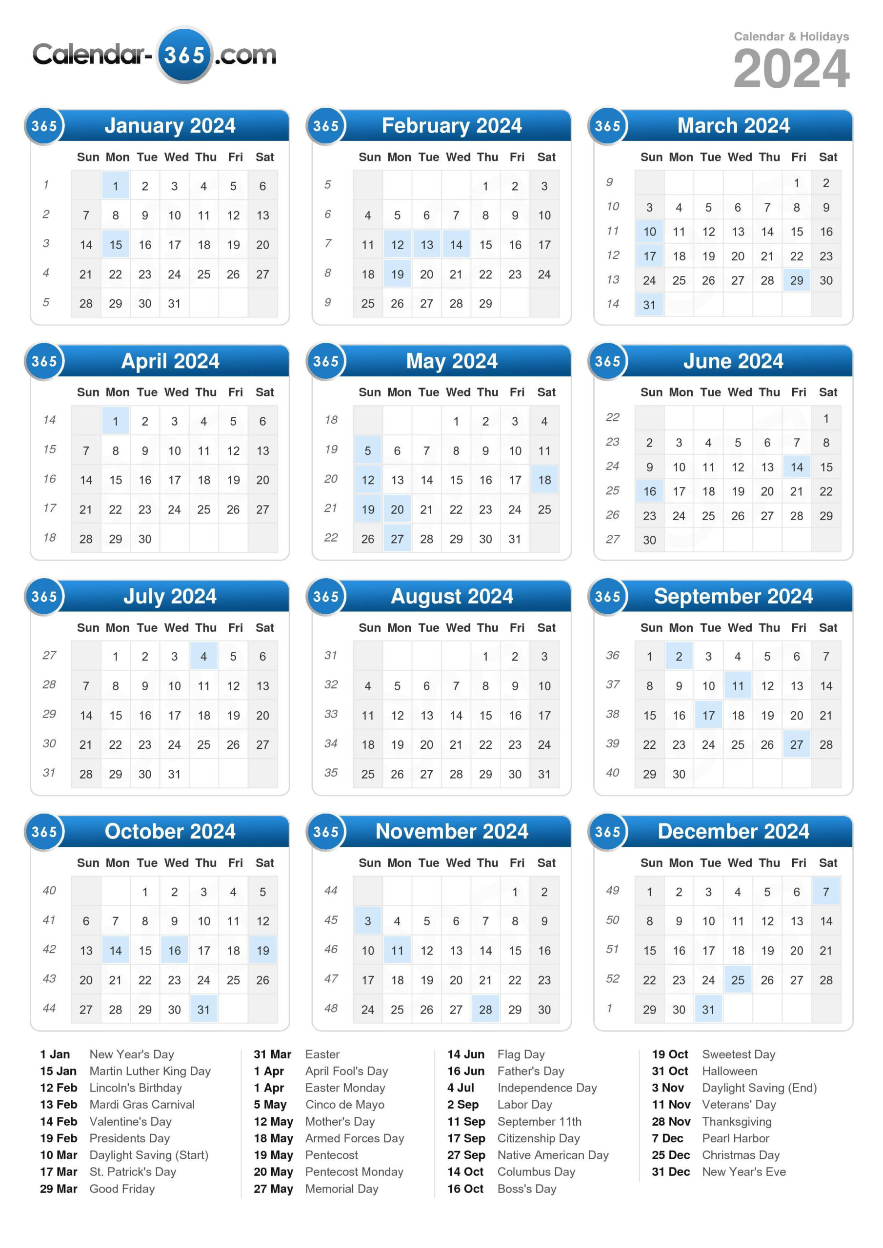 2024 Calendar | Printable Calendar 2024 PDF with Holidays and Festivals