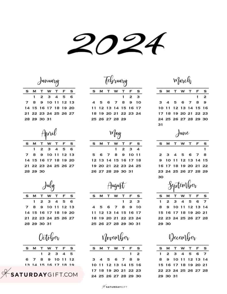 2024 Calendar Printable - Cute &amp;amp; Free 2024 Yearly Calendar Templates | 2024 Calendar at a Glance Printable