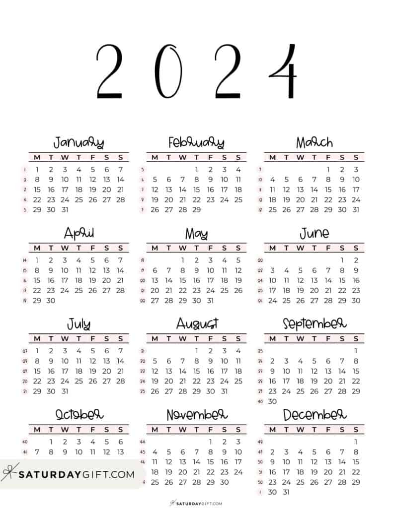 2024 Calendar Printable - Cute &Amp;Amp;Amp; Free 2024 Yearly Calendar Templates | 2024 Yearly Calendar Monday Start