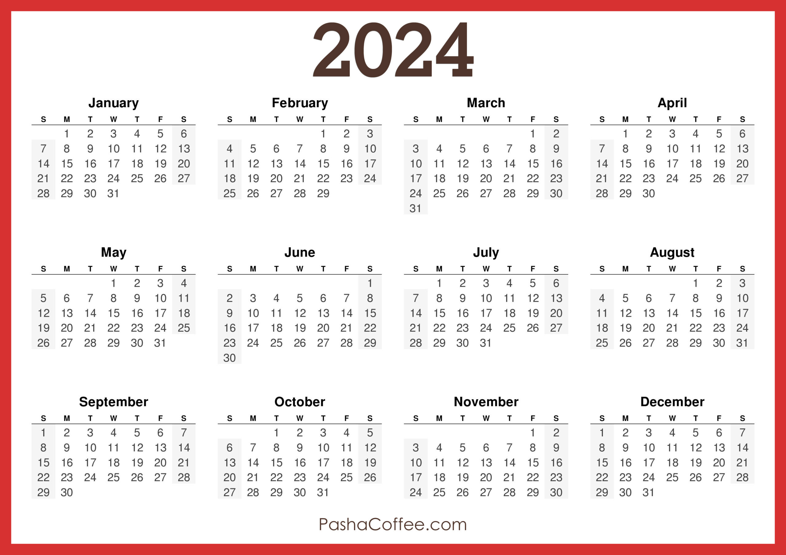 2024 Calendar Printable Free, Horizontal, Red – Pashacoffee | 2024 Annual Calendar Free Printable