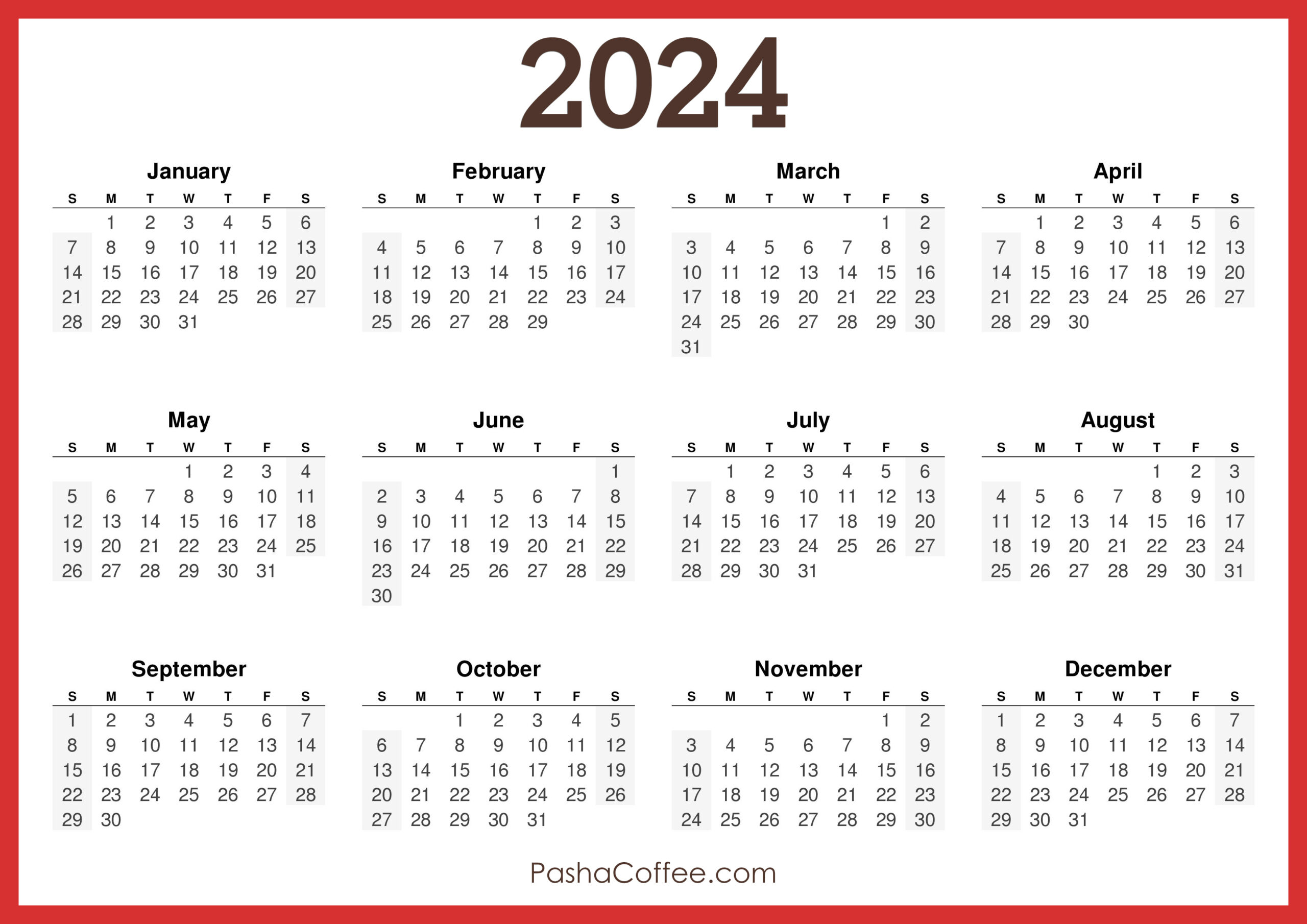 2024 Calendar Printable Free, Horizontal, Red – Pashacoffee | 2024 Calendar At a Glance Printable Free