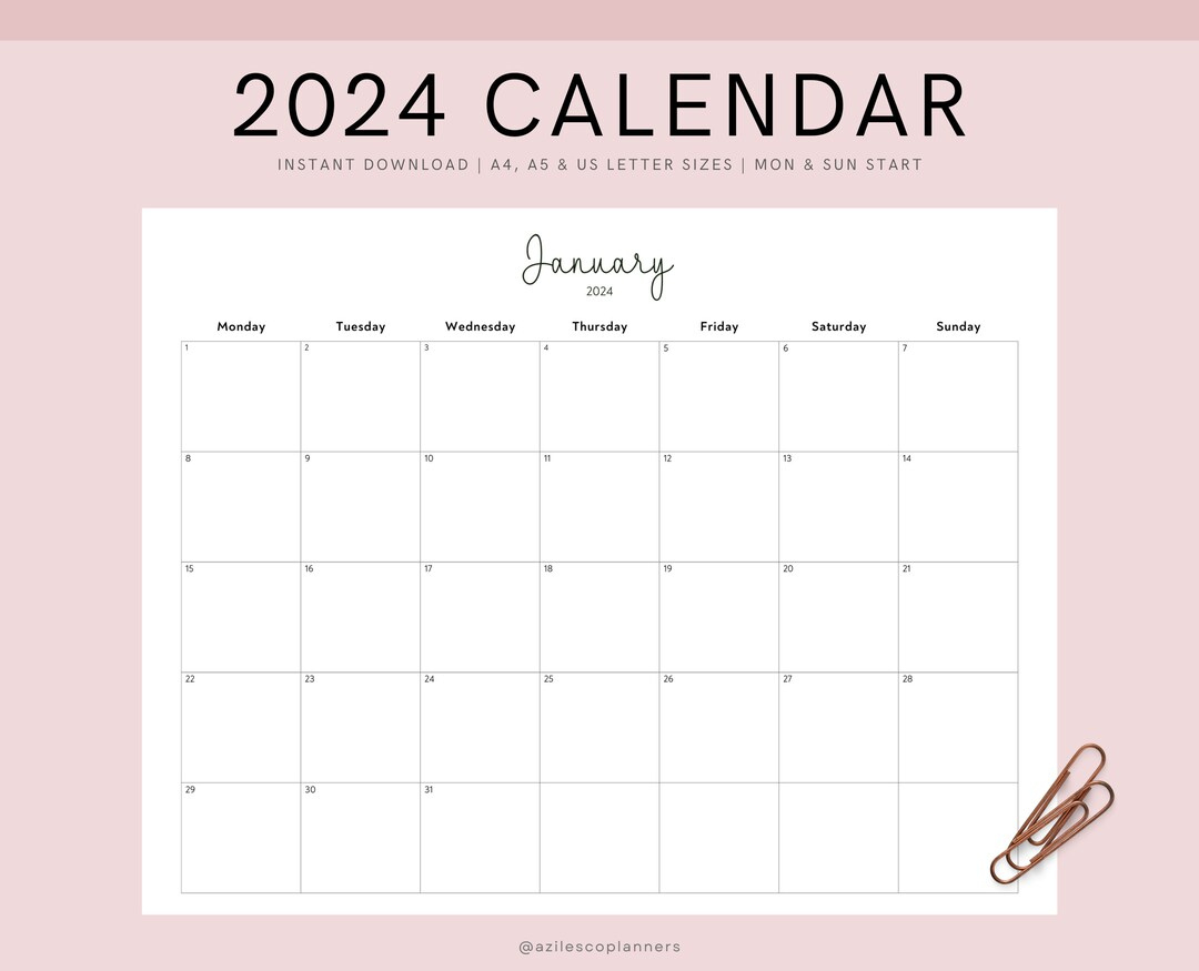 2024 Calendar Printable Landscape Minimalist Monthly Calendar - Etsy | Printable Calendar 2024 Ltr Size