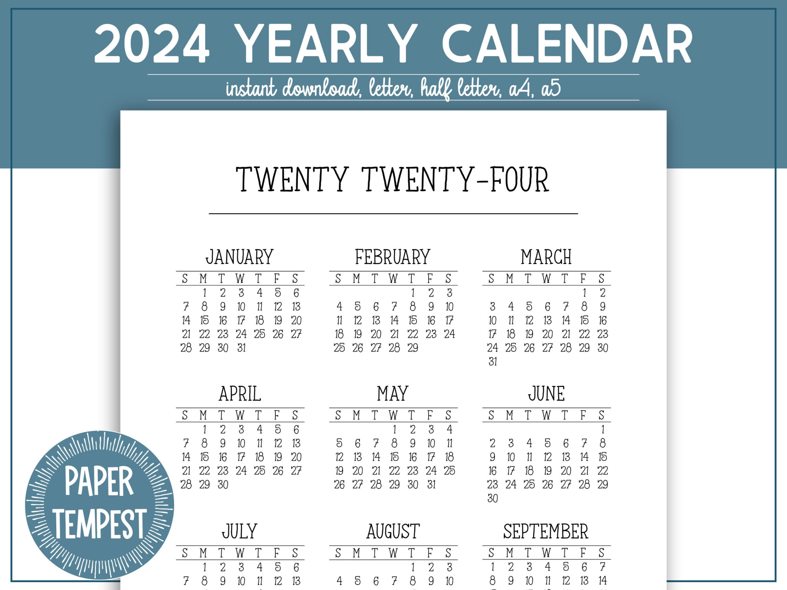 2024 Calendar Printable Yearly Calendar Printable 2024 One - Etsy | 2024 Calendar Trinidad Printable