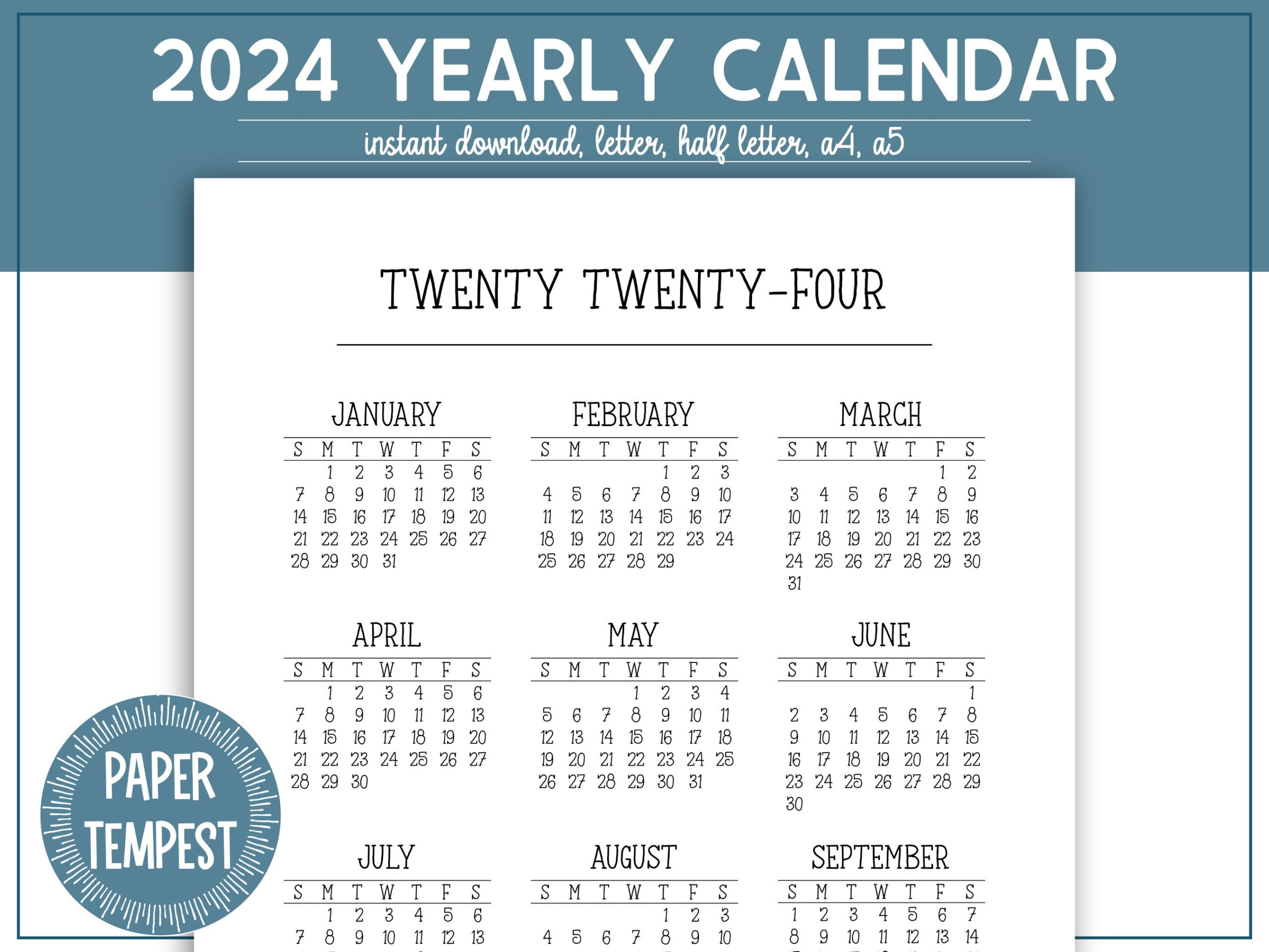 2024 Calendar Printable Yearly Calendar Printable 2024 One - Etsy | Printable Calendar 2024 Kuwait