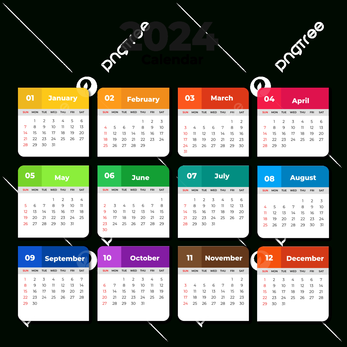 2024 Calendar Template Design With Solid Colors Vector, 2024 | 2024 Calendar Printable