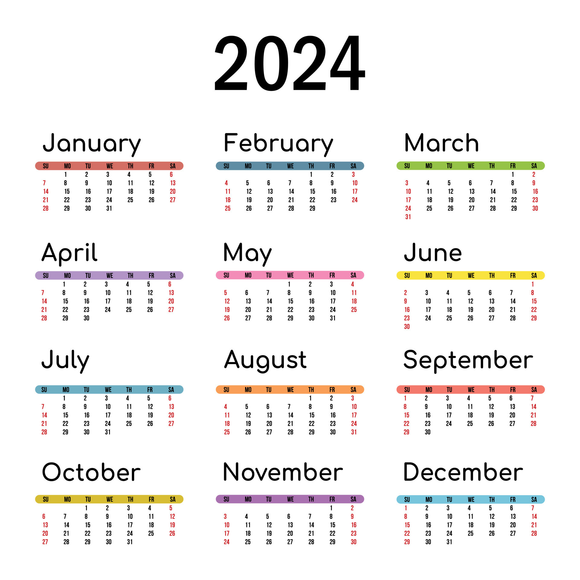 2024 Calendar Template Vector, Simple Minimal Design, 2024 Planner | 2024 Calendar Singapore Printable