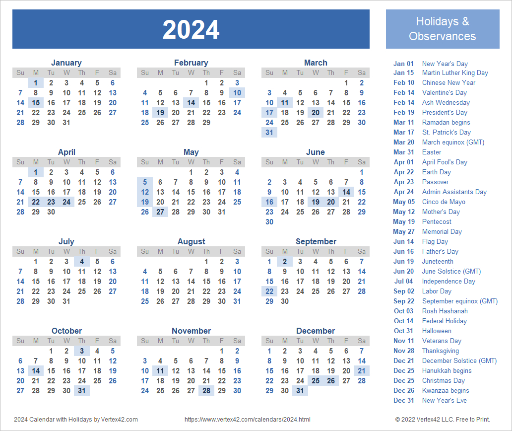 2024 Calendar Templates And Images | 2024 Calendar With Holidays Printable Free