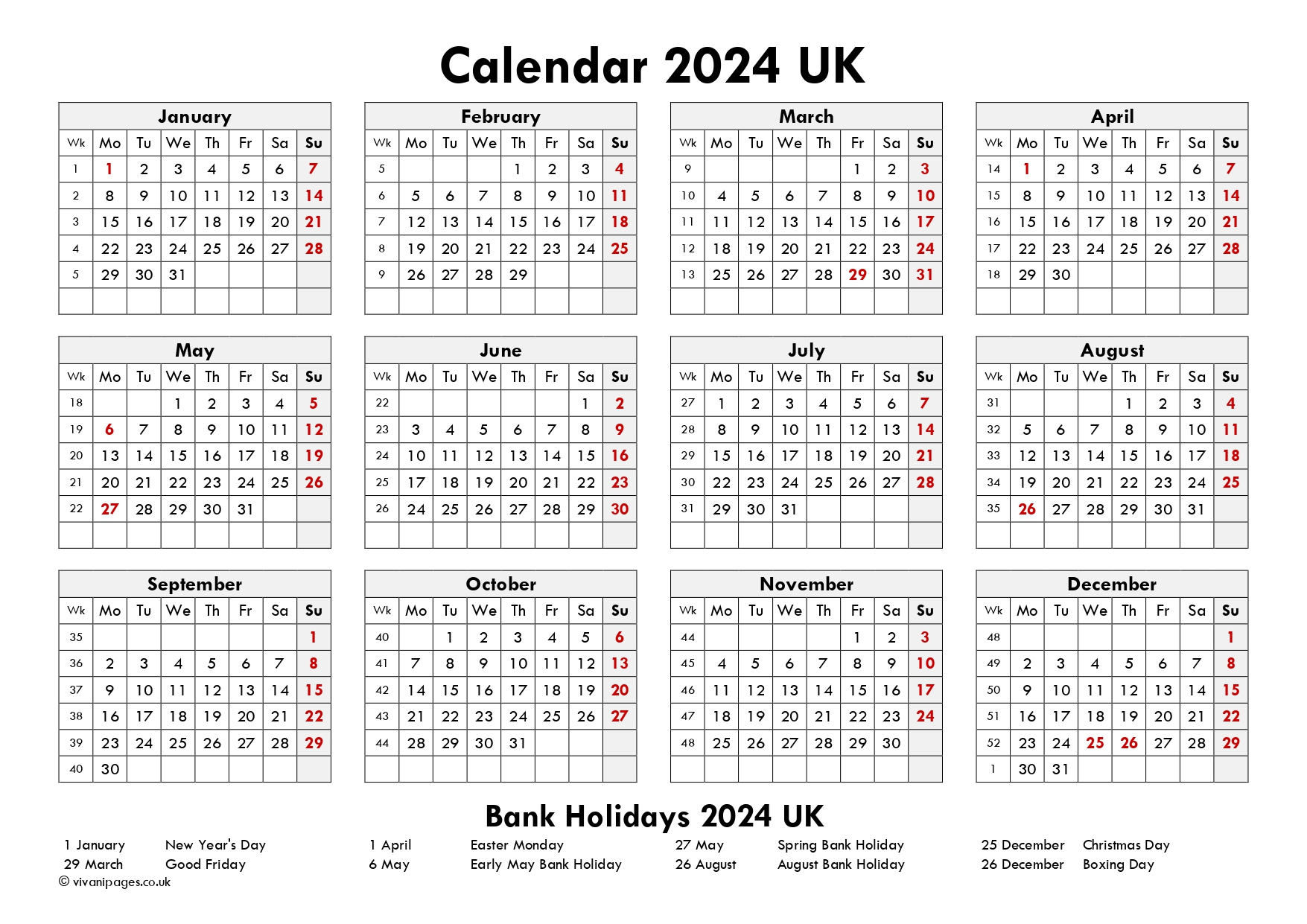 2024 Calendar Uk, Printable 2024 Calendar Uk With Holidays Pdf | 2024 Calendar UK Printable With Bank Holidays