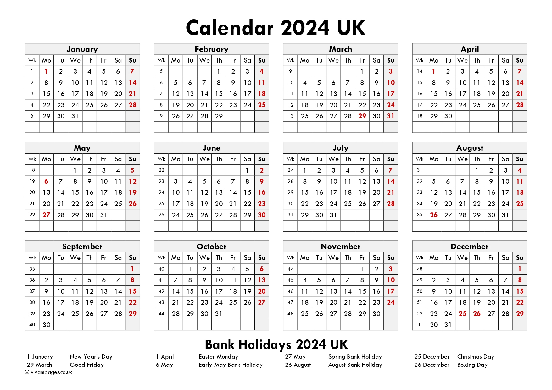 2024 Calendar Uk, Printable 2024 Calendar Uk With Holidays Pdf | Printable Calendar 2024 Uk With Bank Holidays