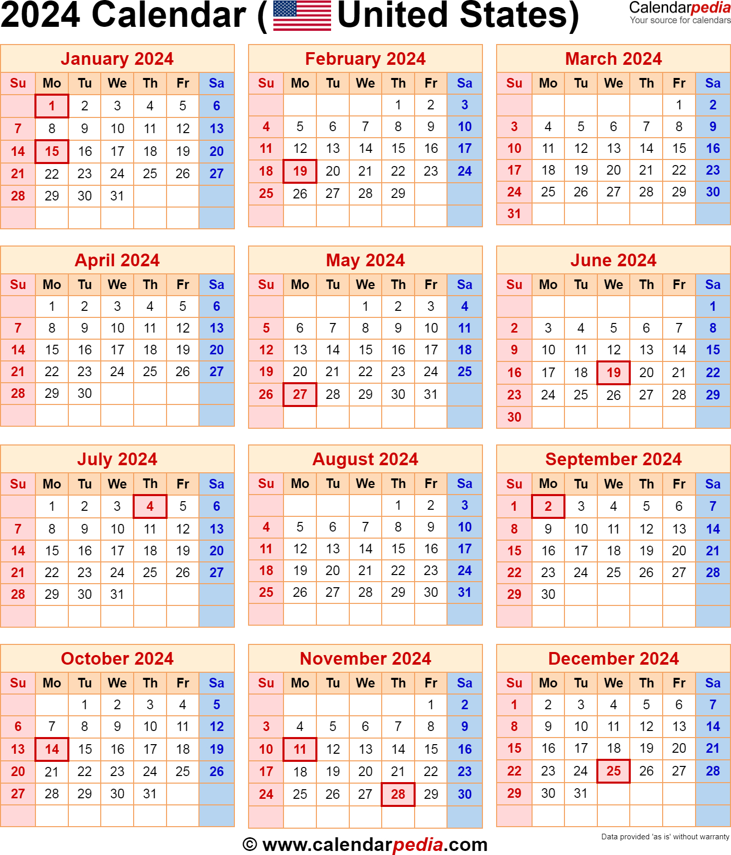 2024 Calendar With Federal Holidays | 2024 Calendar Printable Calendarpedia