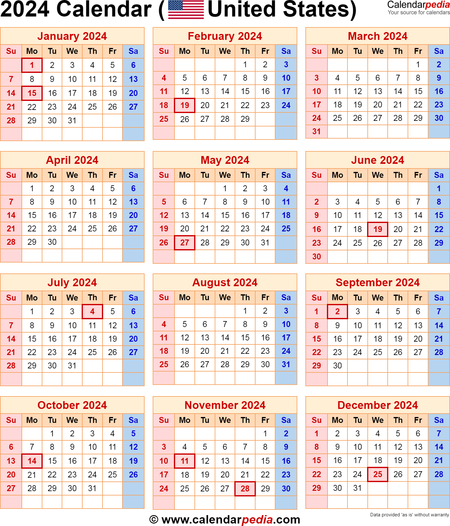 2024 Calendar With Federal Holidays | 2024 Printable Calendar One Page With Federal Holidays