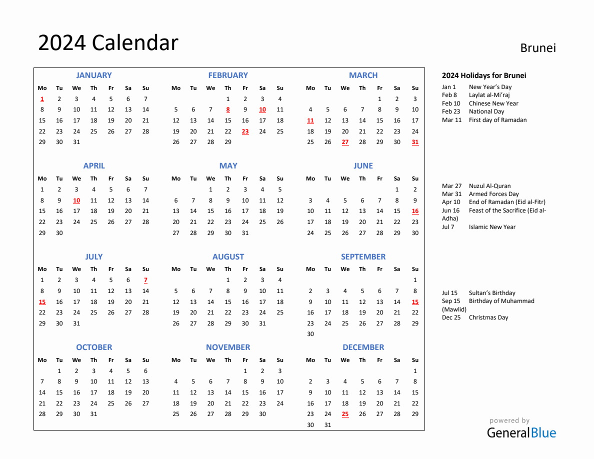 2024 Calendar With Holidays For Brunei | Printable Calendar 2024 Brunei