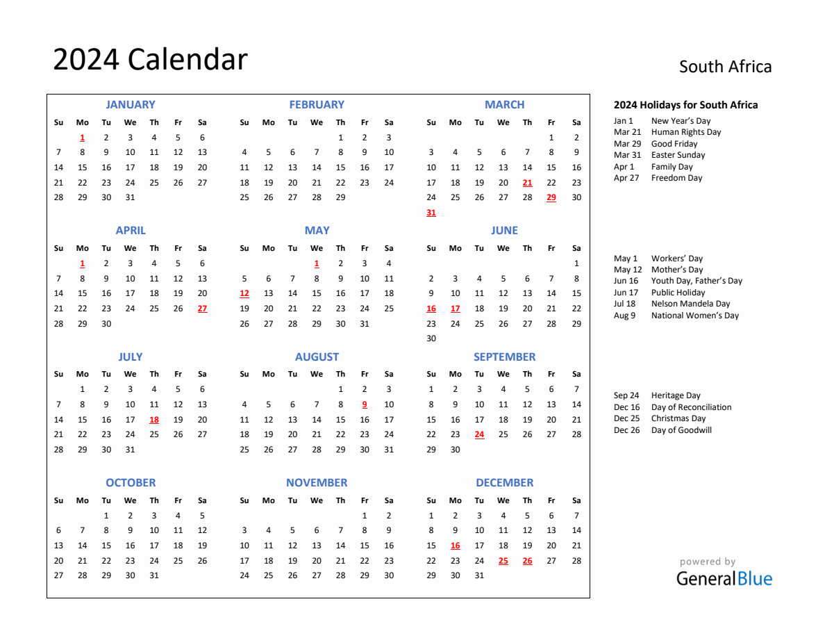 2024 Calendar With Holidays For South Africa | Printable Calendar 2024 With Holidays South Africa