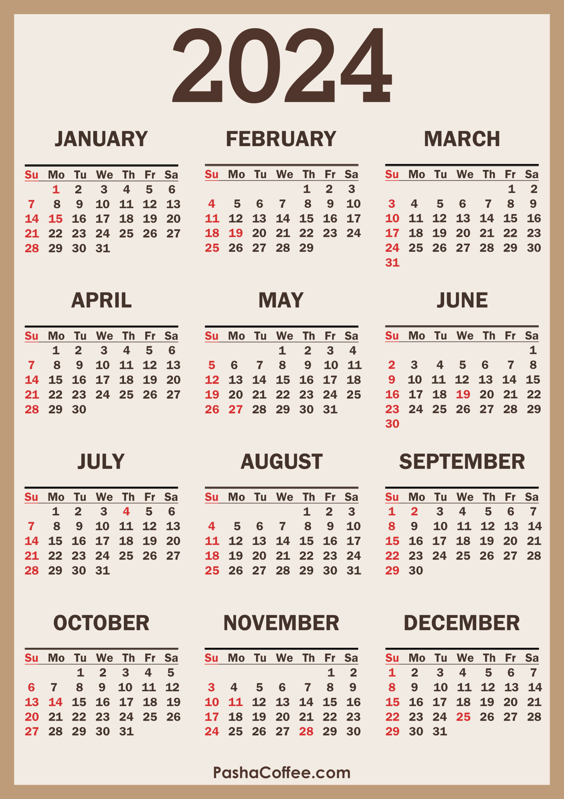 2024 Calendar With Holidays, Printable Free, Vertical | 2024 Annual Calendar Free Printable