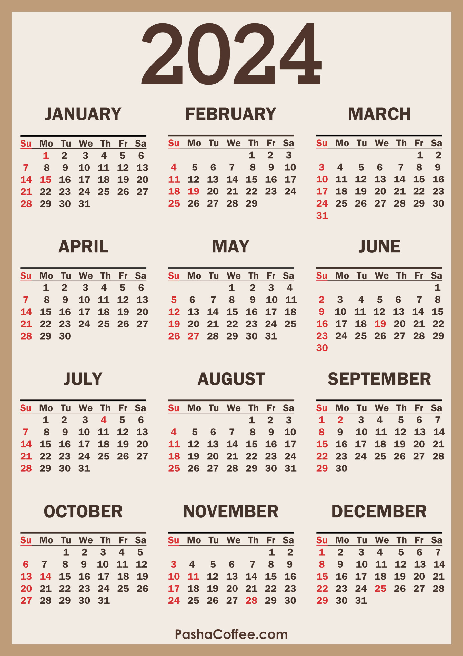 2024 Calendar With Holidays, Printable Free, Vertical | 2024 Calendar Pages Printable Free