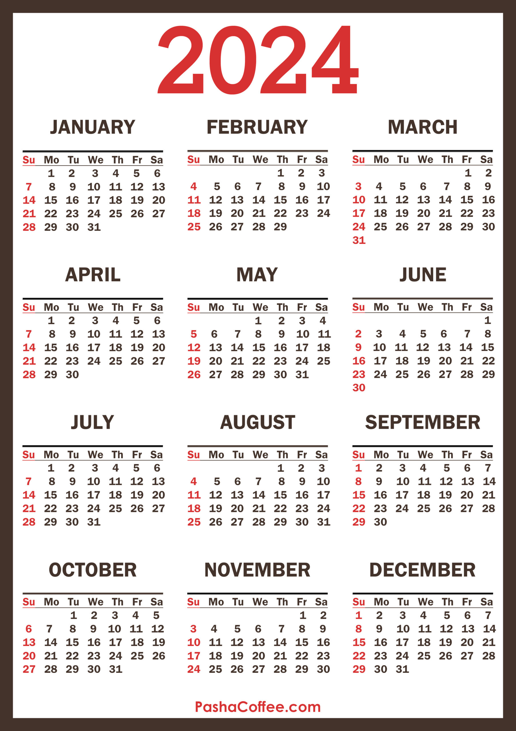 2024 Calendar With Holidays, Printable Free, Vertical, Brown | 2024 Calendar Horizontal Printable