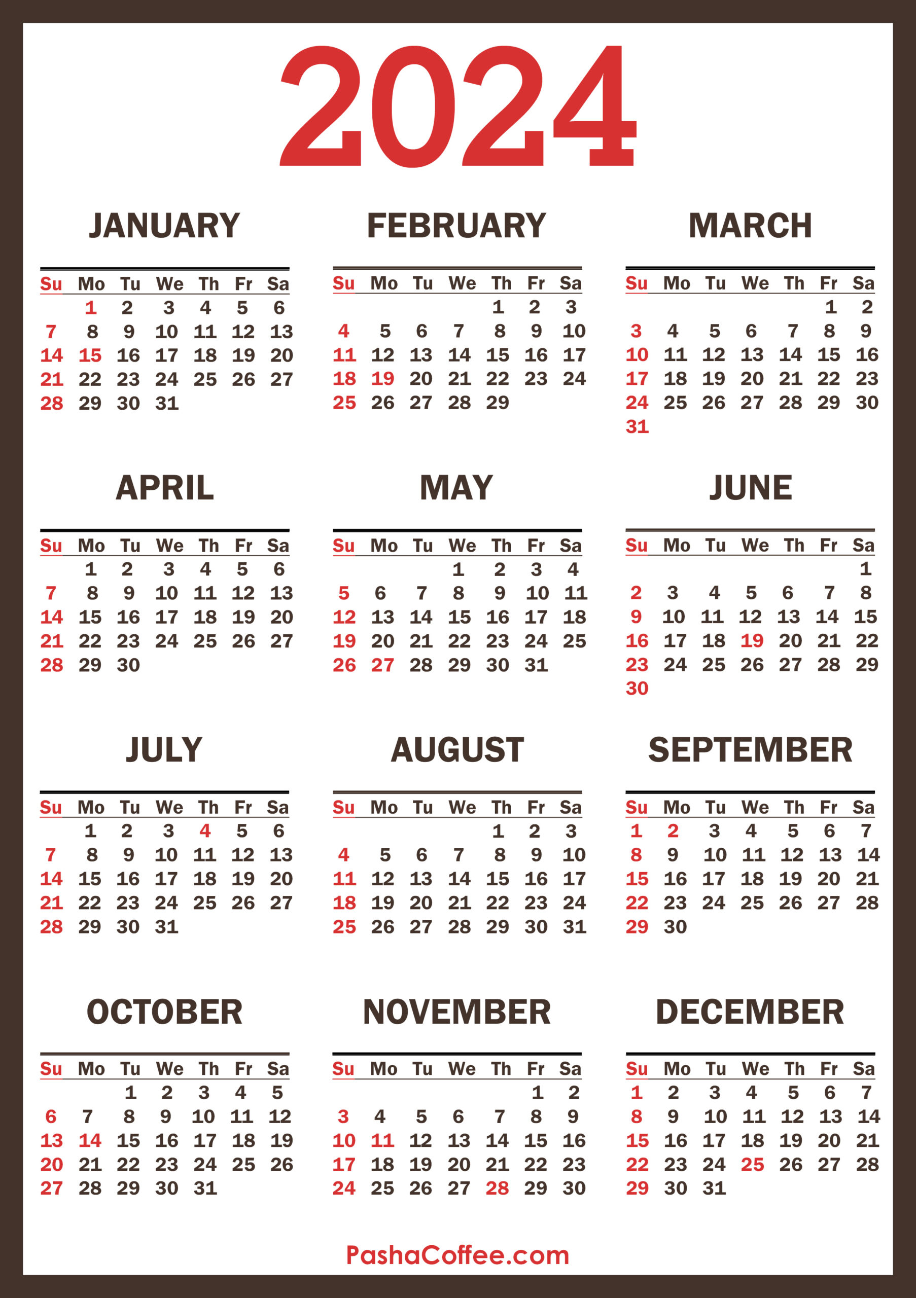 2024 Calendar With Holidays, Printable Free, Vertical, Brown | 2024 Calendar