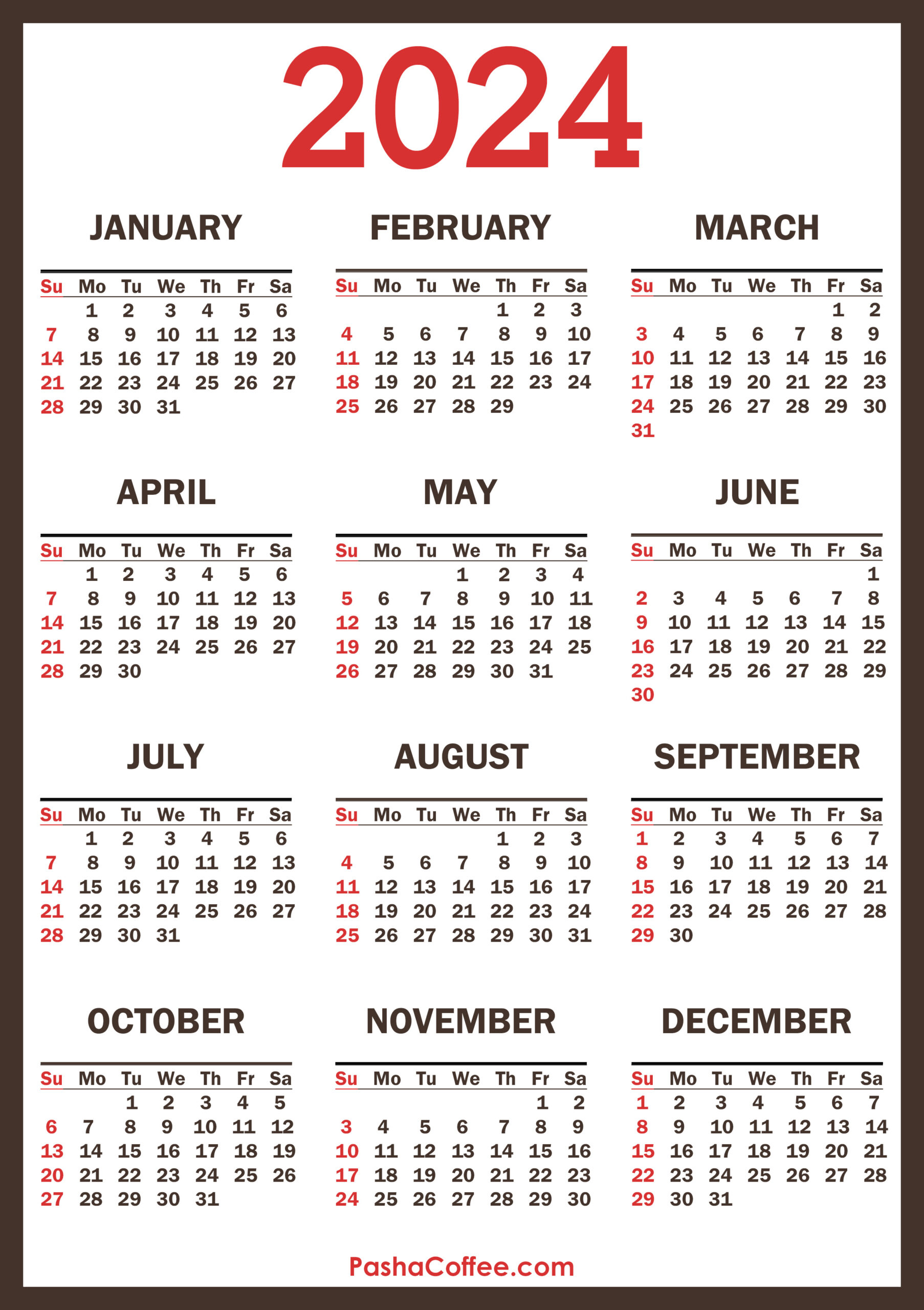 2024 Calendar With Holidays, Printable Free, Vertical, Brown | 2024 Monthly Calendar Printable Free Pdf