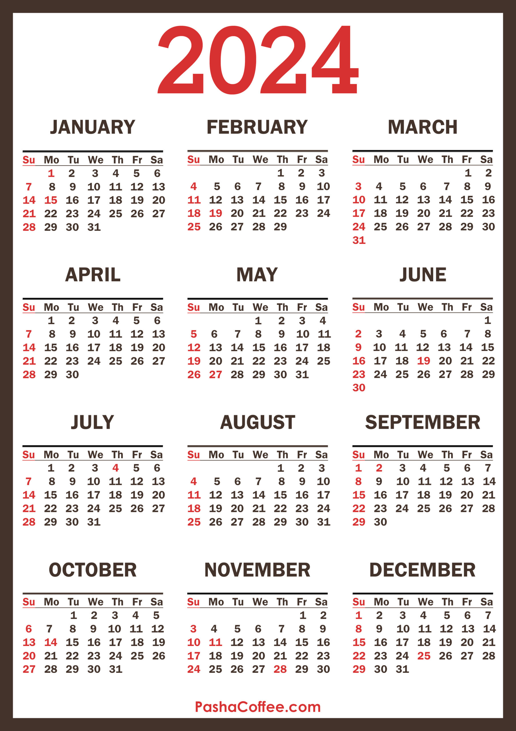 2024 Calendar With Holidays, Printable Free, Vertical, Brown | 2024 Yearly Calendar Blank
