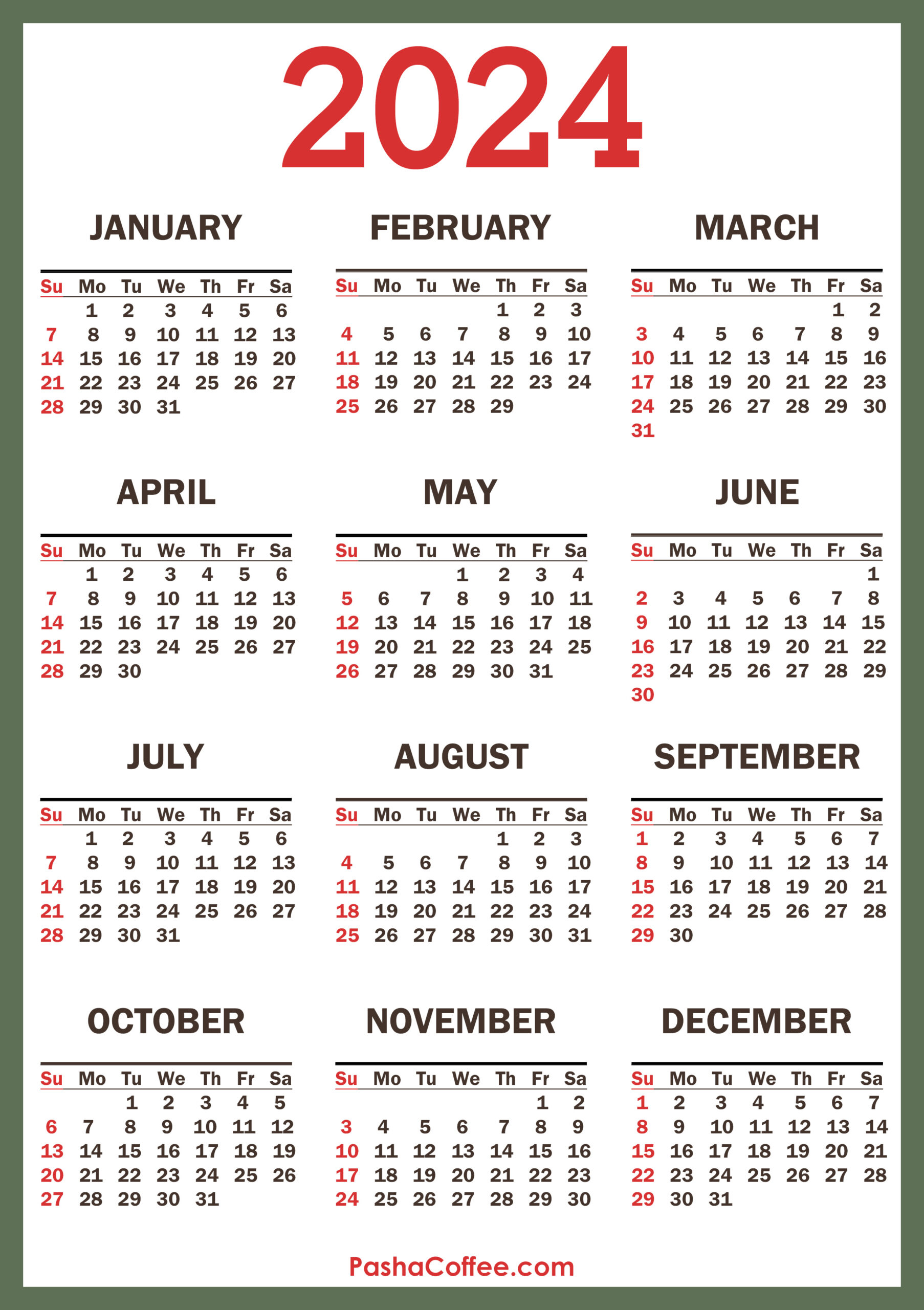 2024 Calendar With Holidays, Printable Free, Vertical, Green | 2024 Annual Calendar One Page