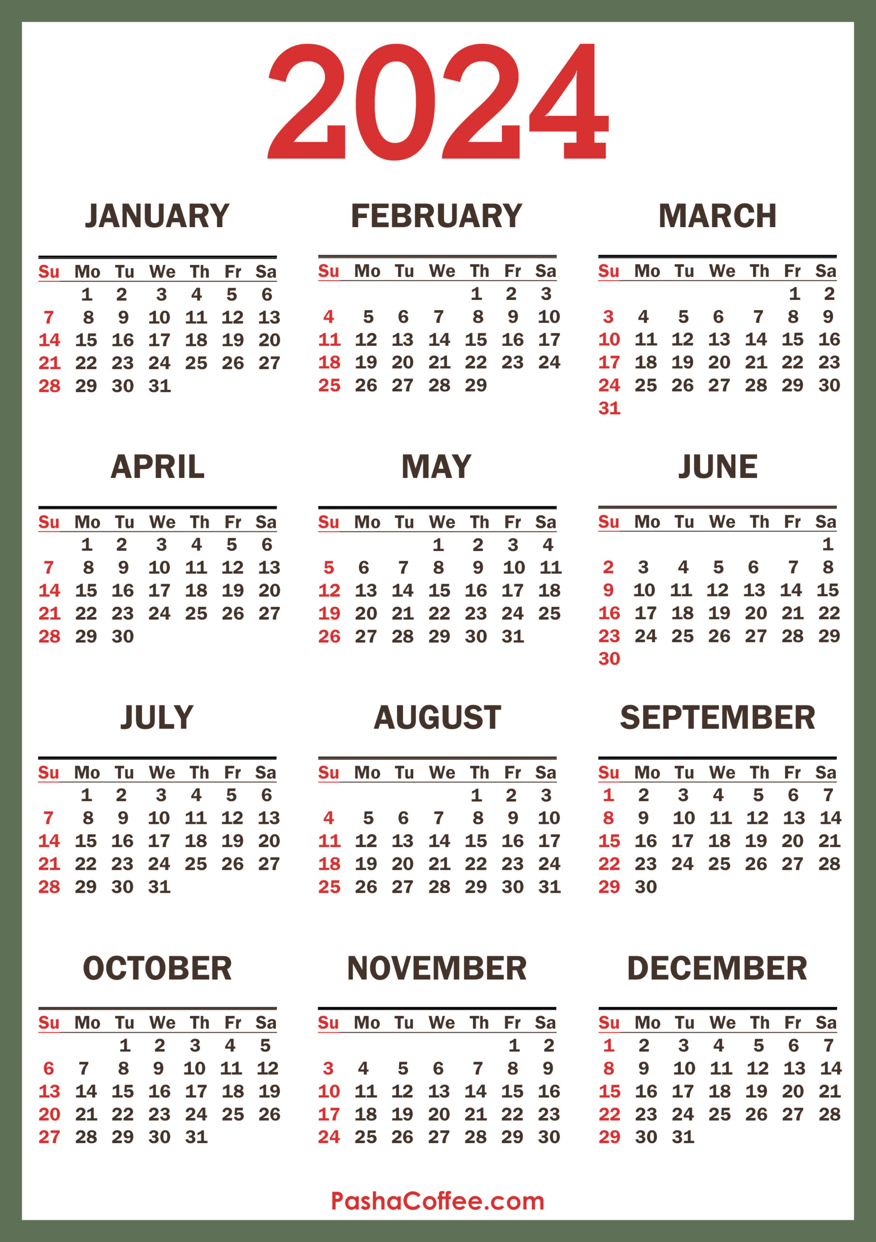 2024 Calendar With Holidays, Printable Free, Vertical, Green | 2024 Calendar Pages Printable Free