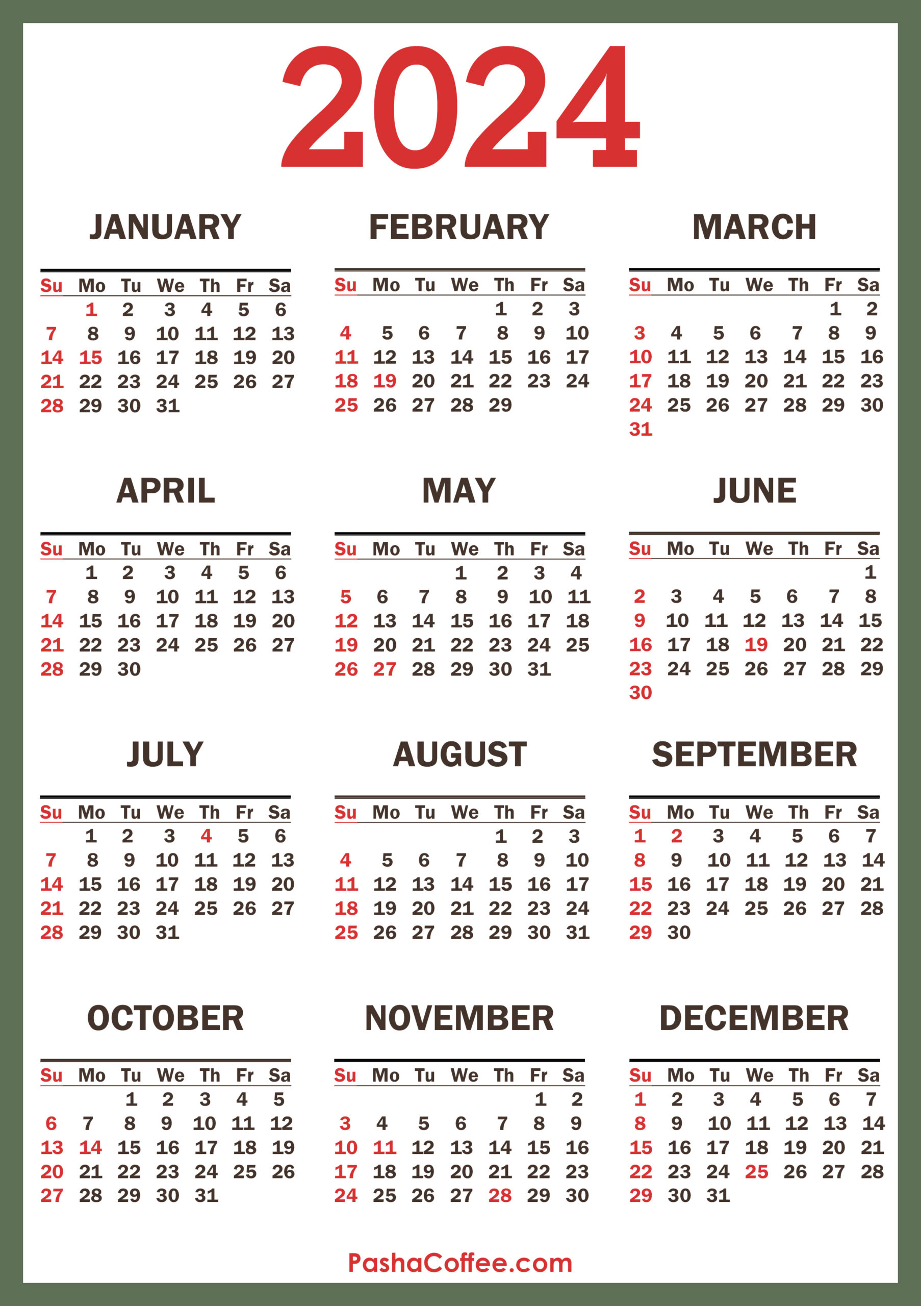 2024 Calendar With Holidays, Printable Free, Vertical, Green | 2024 Yearly Calendar Printable Pdf Free Download