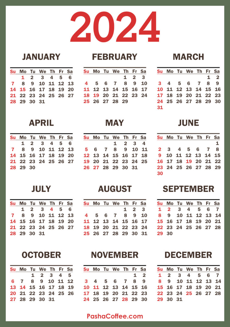 2024 Calendar With Holidays, Printable Free, Vertical, Green | Free 2024 Calendar Printable Free