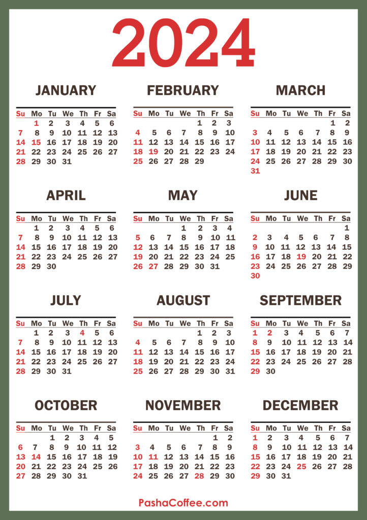 Free Printable Calendar 2024 Yearly with Holidays | Printable Calendar 2024