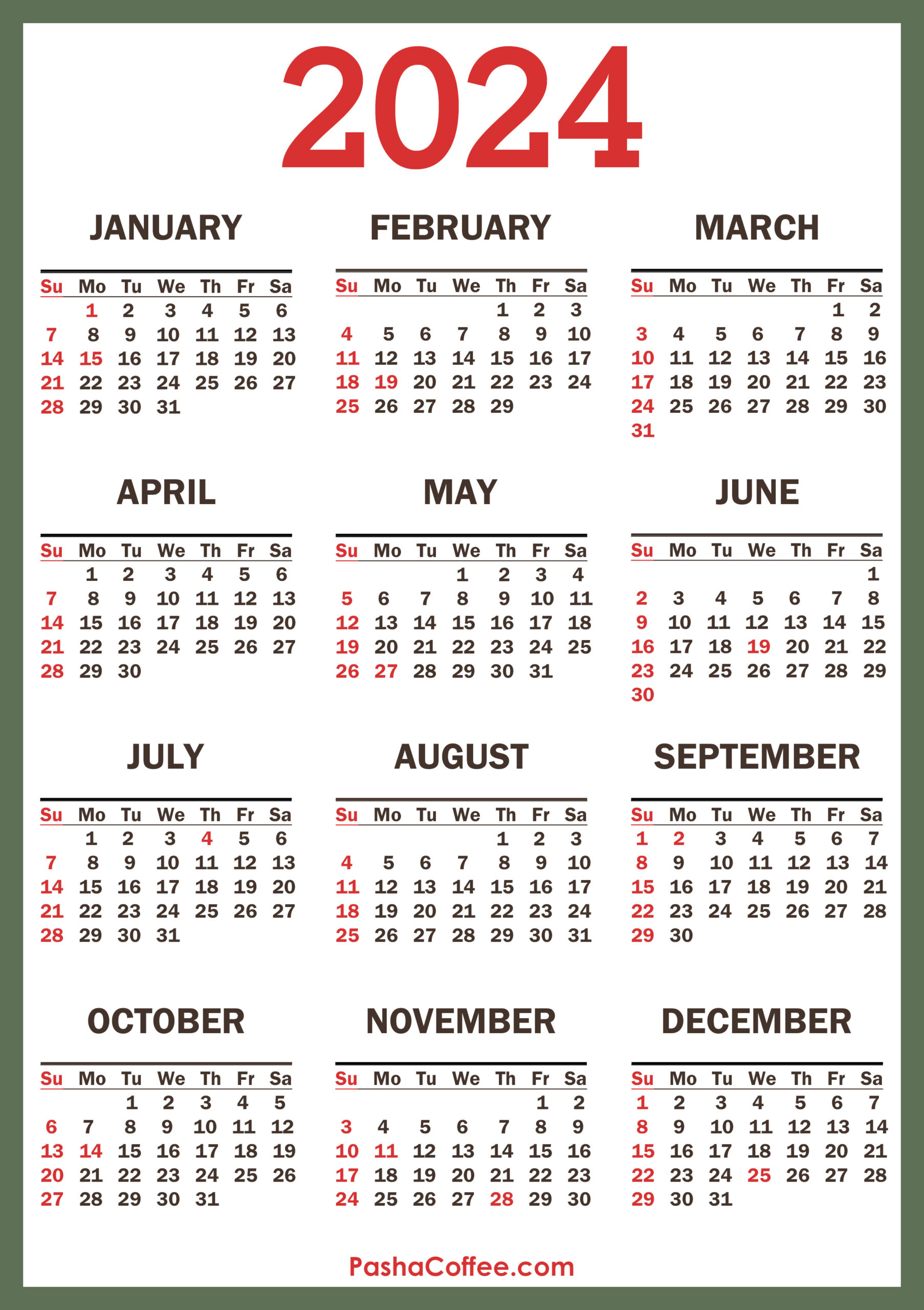 2024 Calendar With Holidays, Printable Free, Vertical, Green | Printable Calendar 2024 PDF Free Download