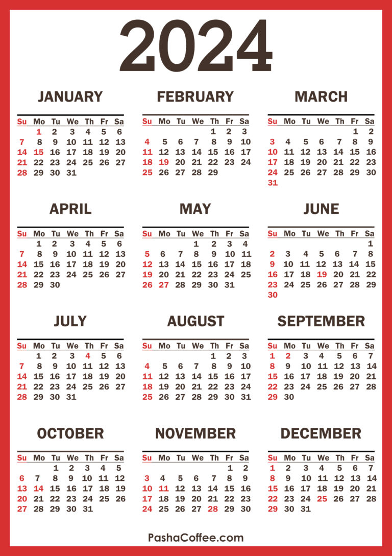 2024 Calendar With Holidays, Printable Free, Vertical, Red | 2024 Annual Calendar With Holidays