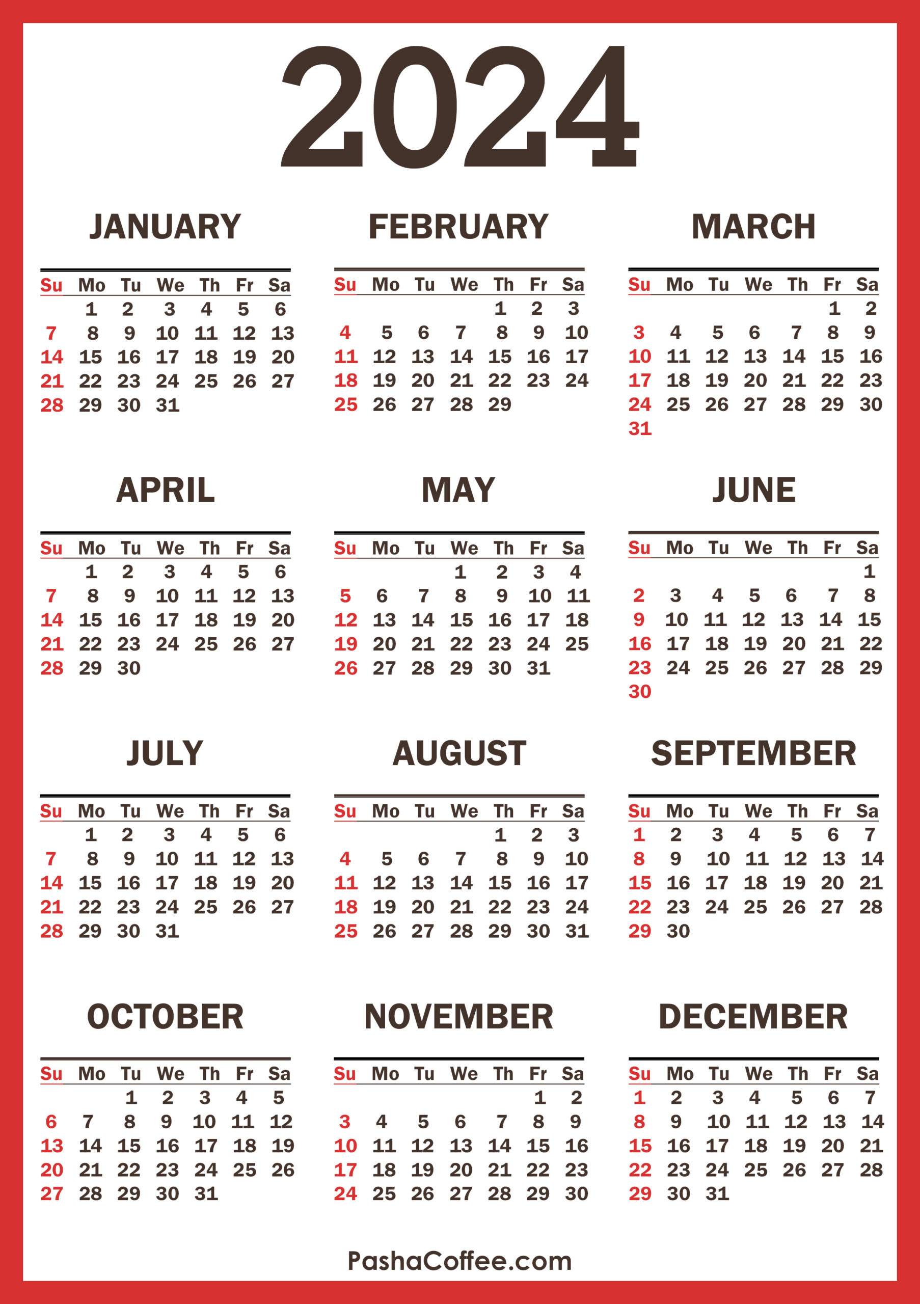 2024 Calendar With Holidays, Printable Free, Vertical, Red | 2024 Calendar Printable Holidays