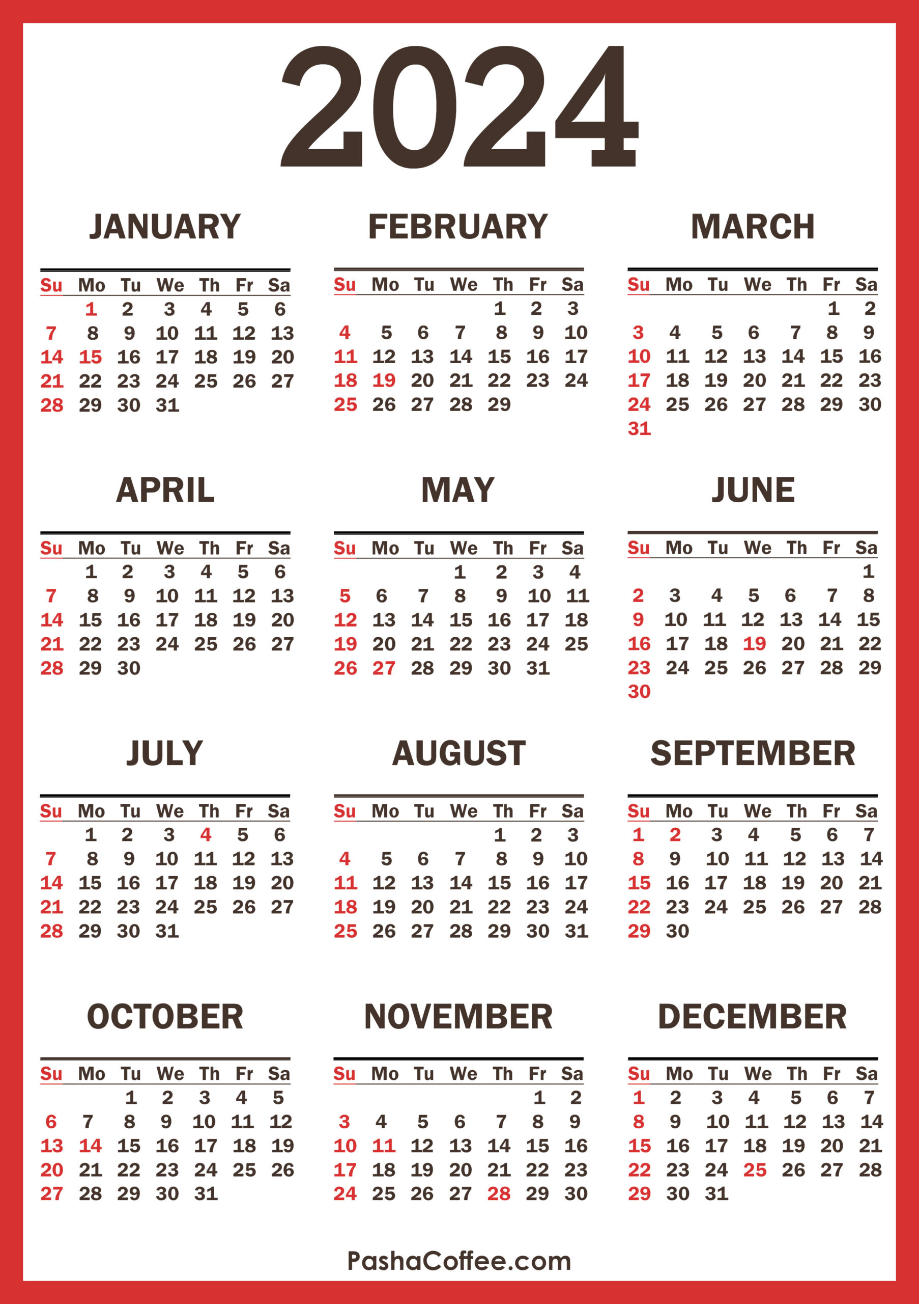 2024 Calendar With Holidays, Printable Free, Vertical, Red | 2024 Calendar With Holidays Printable Free