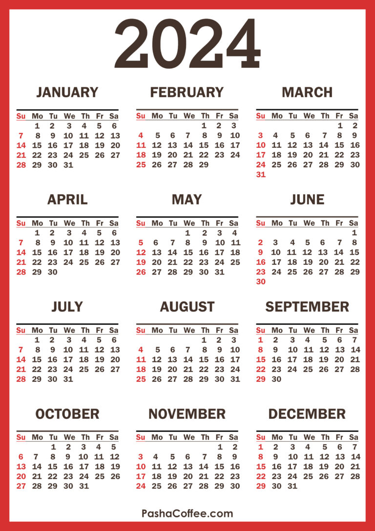 2024 Calendar With Holidays, Printable Free, Vertical, Red | 2024 Calendar With Holidays Printable Usa