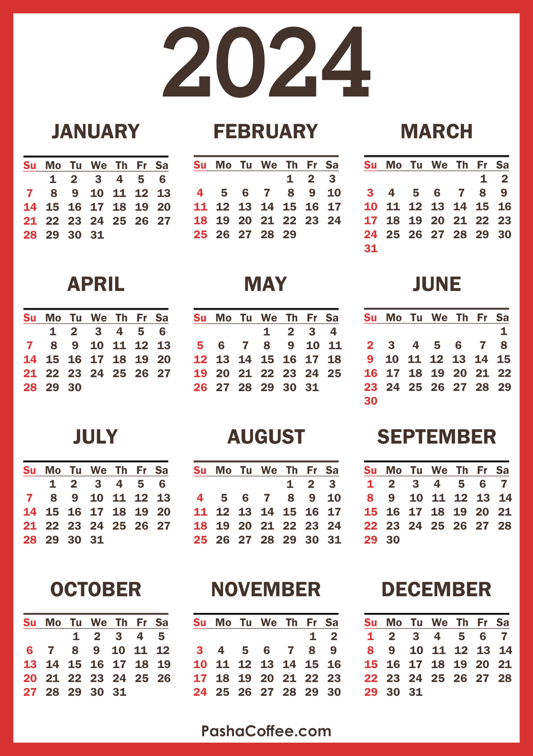 2024 Calendar With Holidays, Printable Free, Vertical, Red | Printable Calendar 2024 No Download