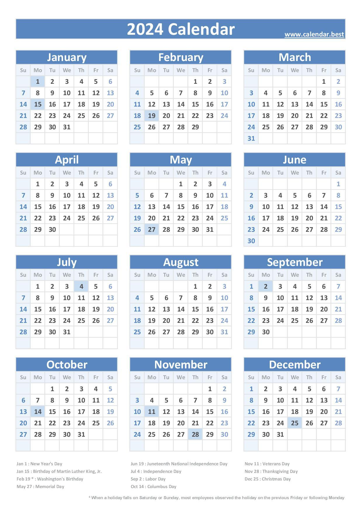 2024 Calendar With Holidays (Us Federal Holidays) | 2024 Calendar Printable USA