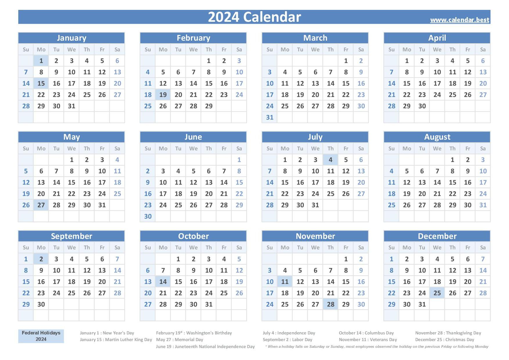 2024 Calendar With Holidays (Us Federal Holidays) | 2024 Calendar Printable USA