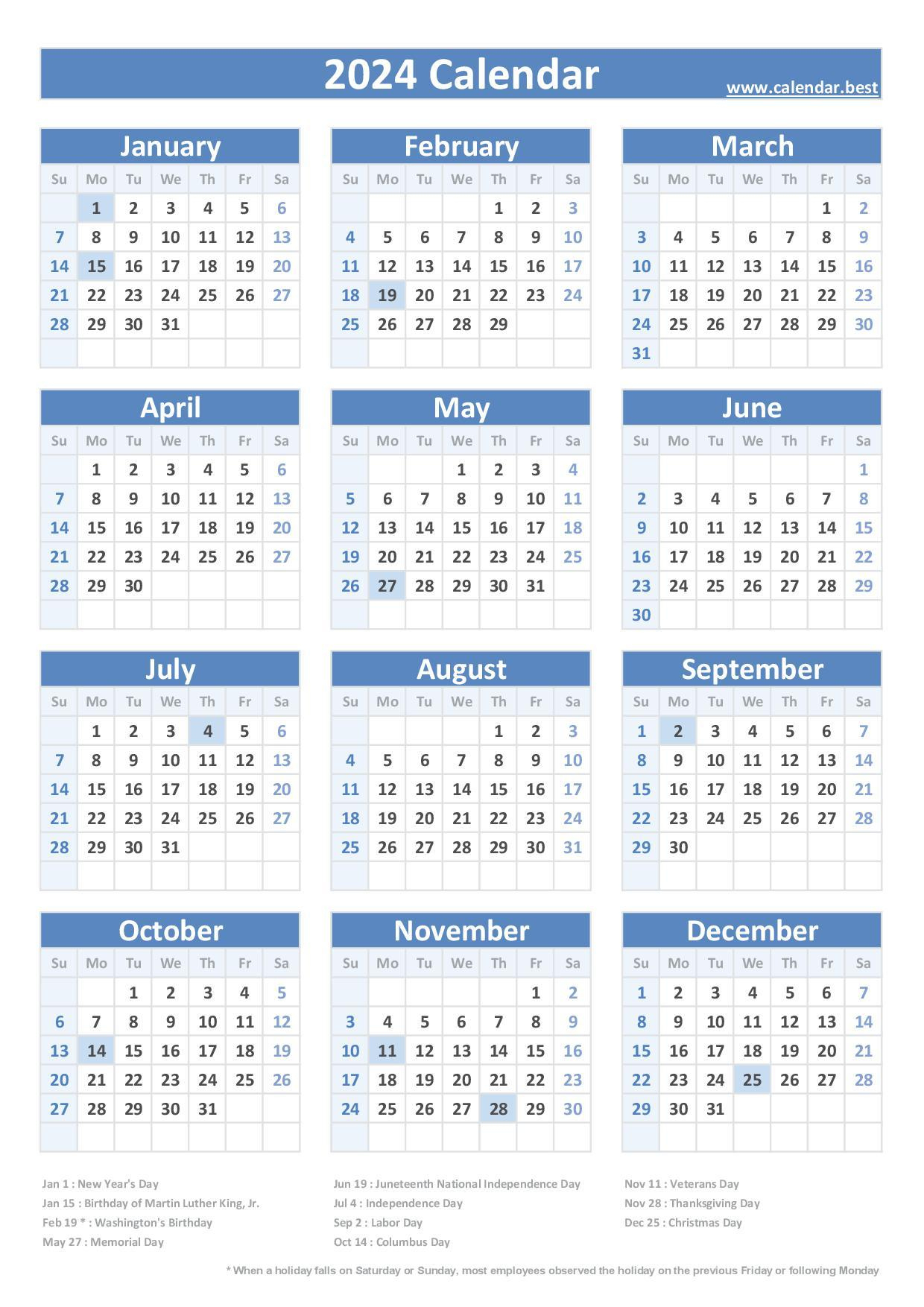 2024 Calendar With Holidays (Us Federal Holidays) | 2024 Printable Calendar One Page With Holidays Free Download