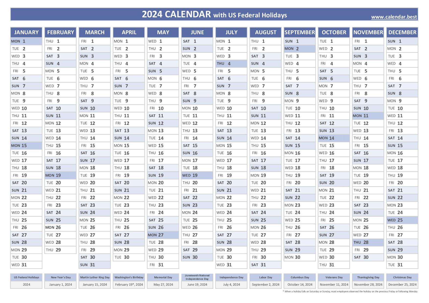 2024 Calendar With Holidays (Us Federal Holidays) | National Day Calendar 2024 Printable