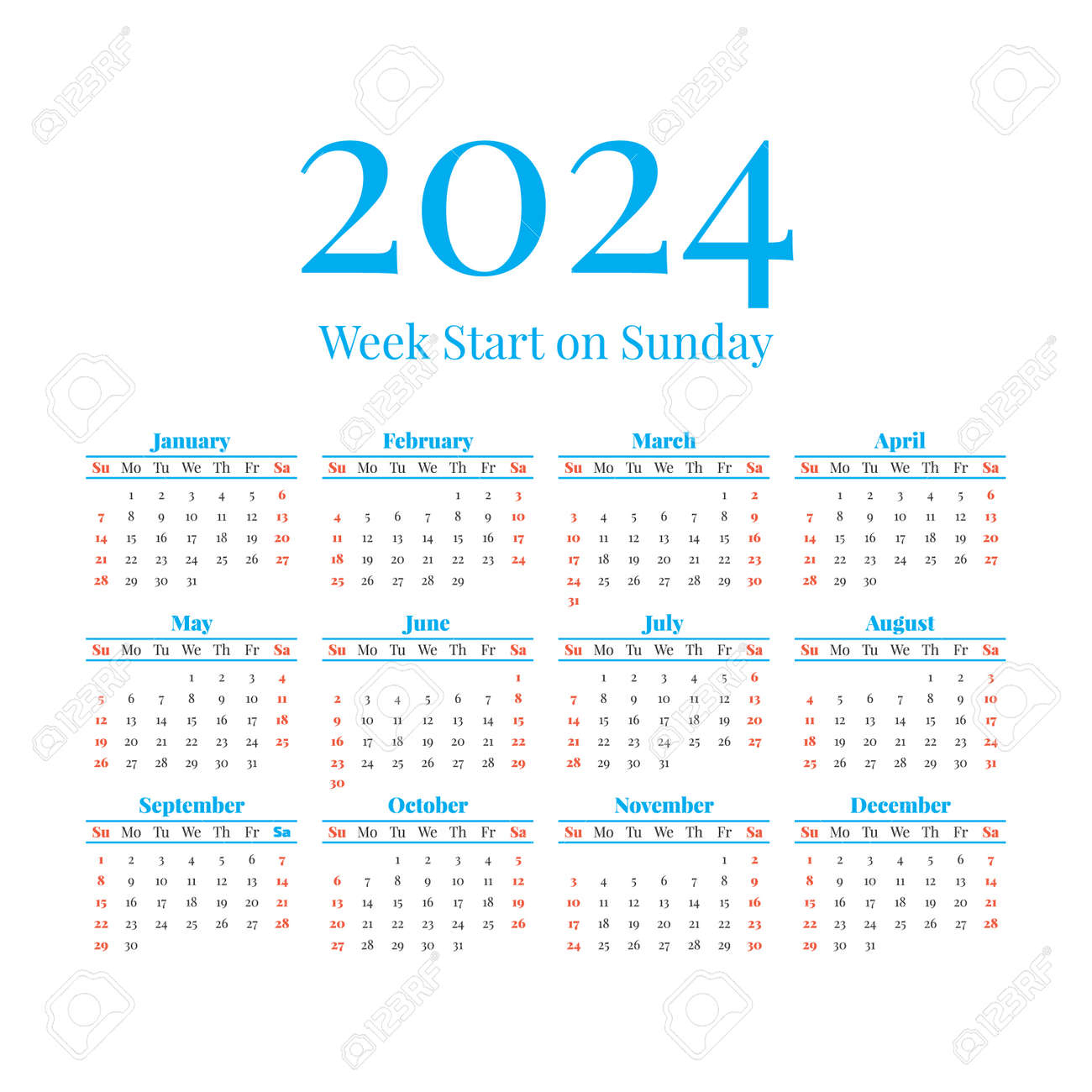 2024 Calendar With The Weeks Start On Sunday Royalty Free Svg | Weekly 2024 Calendar