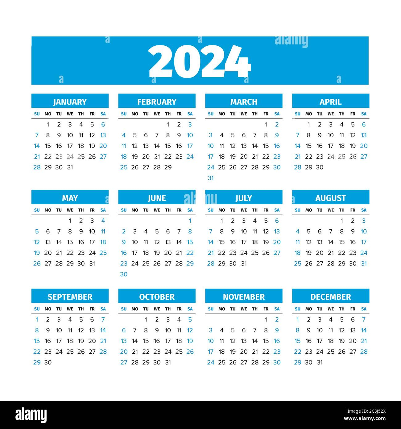 2024 Calendar With The Weeks Start On Sunday Stock Vector Image | 2024 Calendar Printable With Weeks