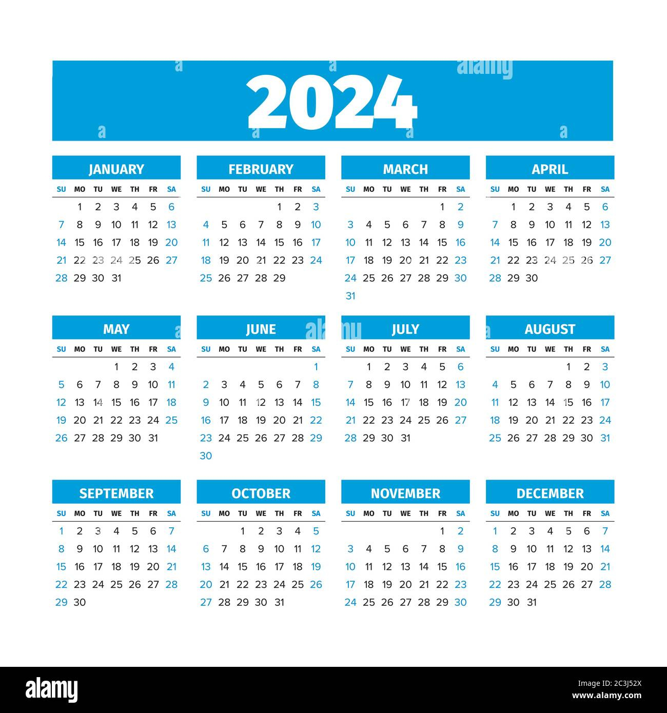 2024 Calendar With The Weeks Start On Sunday Stock Vector Image | Printable Calendar 2024 With Weeks