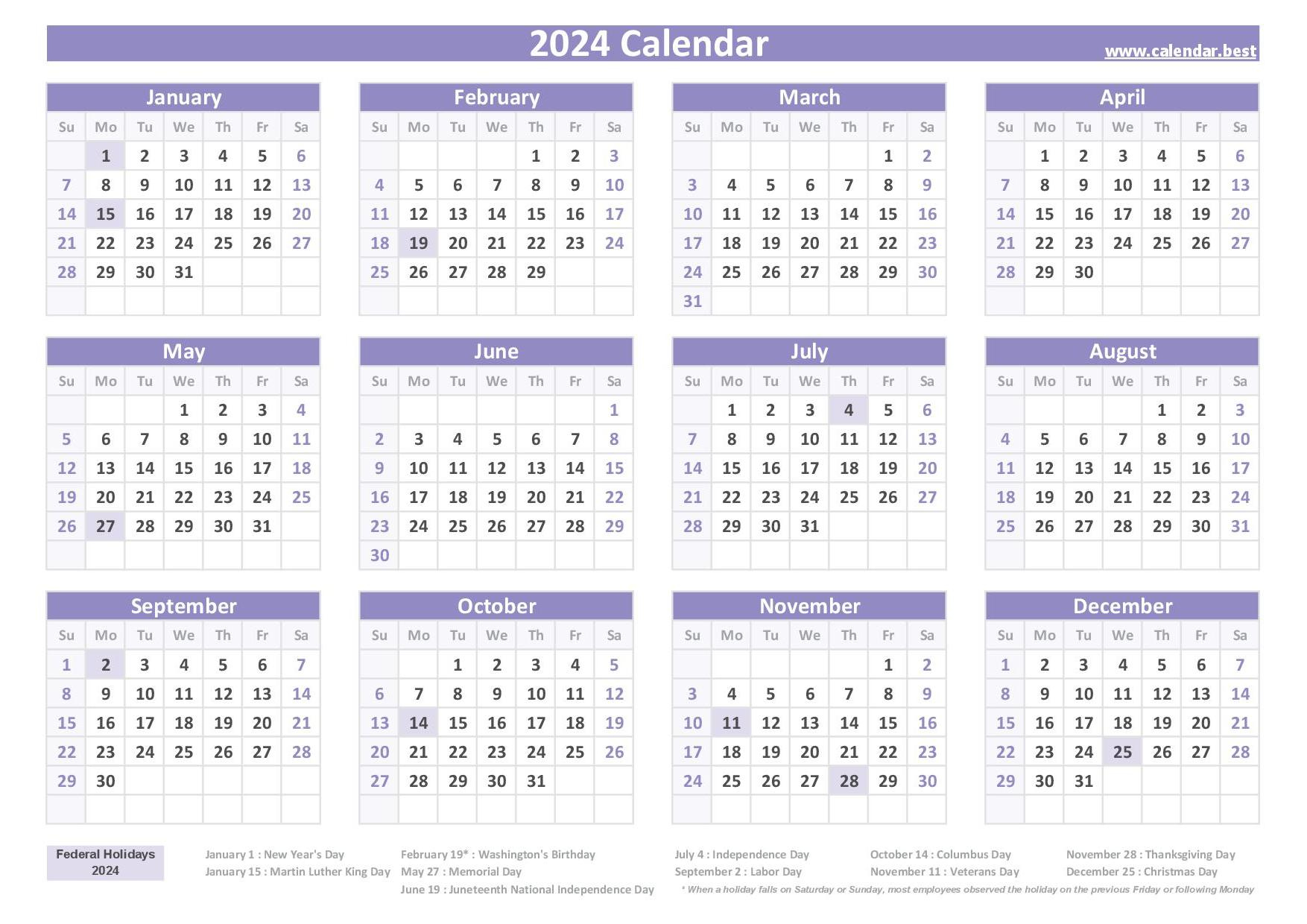 2024 Calendar With Week Numbers | 2024 Printable Calendar One Page With Federal Holidays