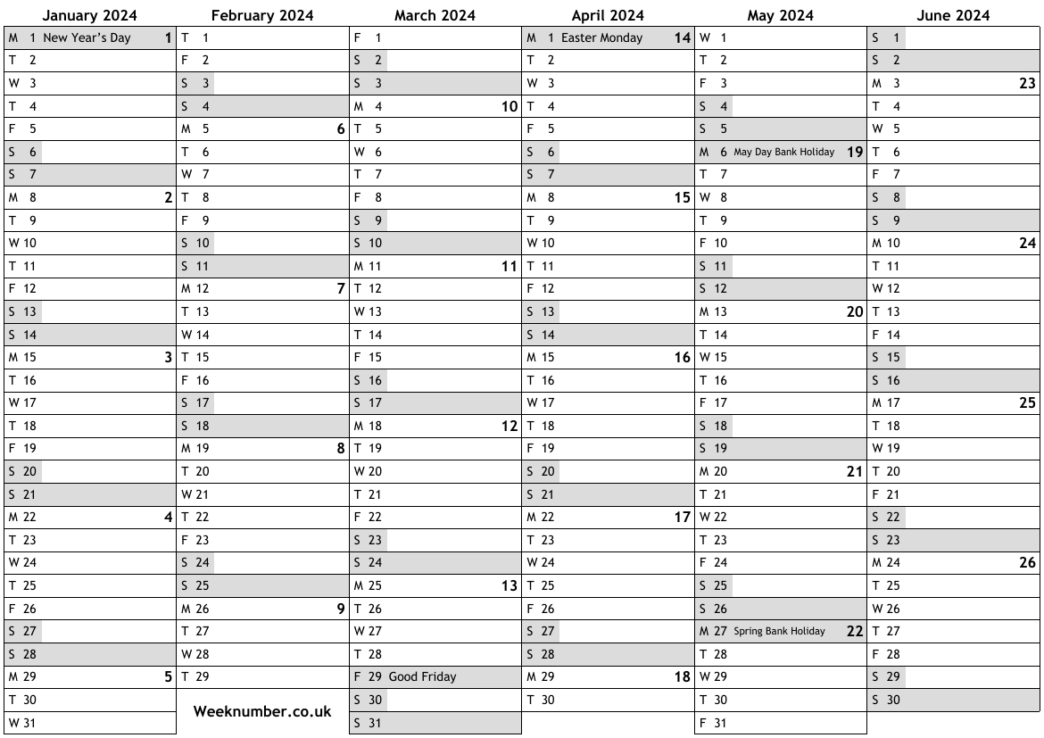 2024 Calendar With Week Numbers And Holidays For England | Printable Calendar 2024 Uk With Bank Holidays