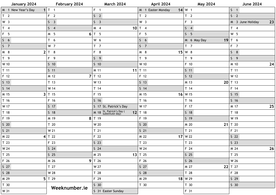 2024 Calendar With Week Numbers And Holidays For Ireland | Free Printable Calendar 2024 Ireland
