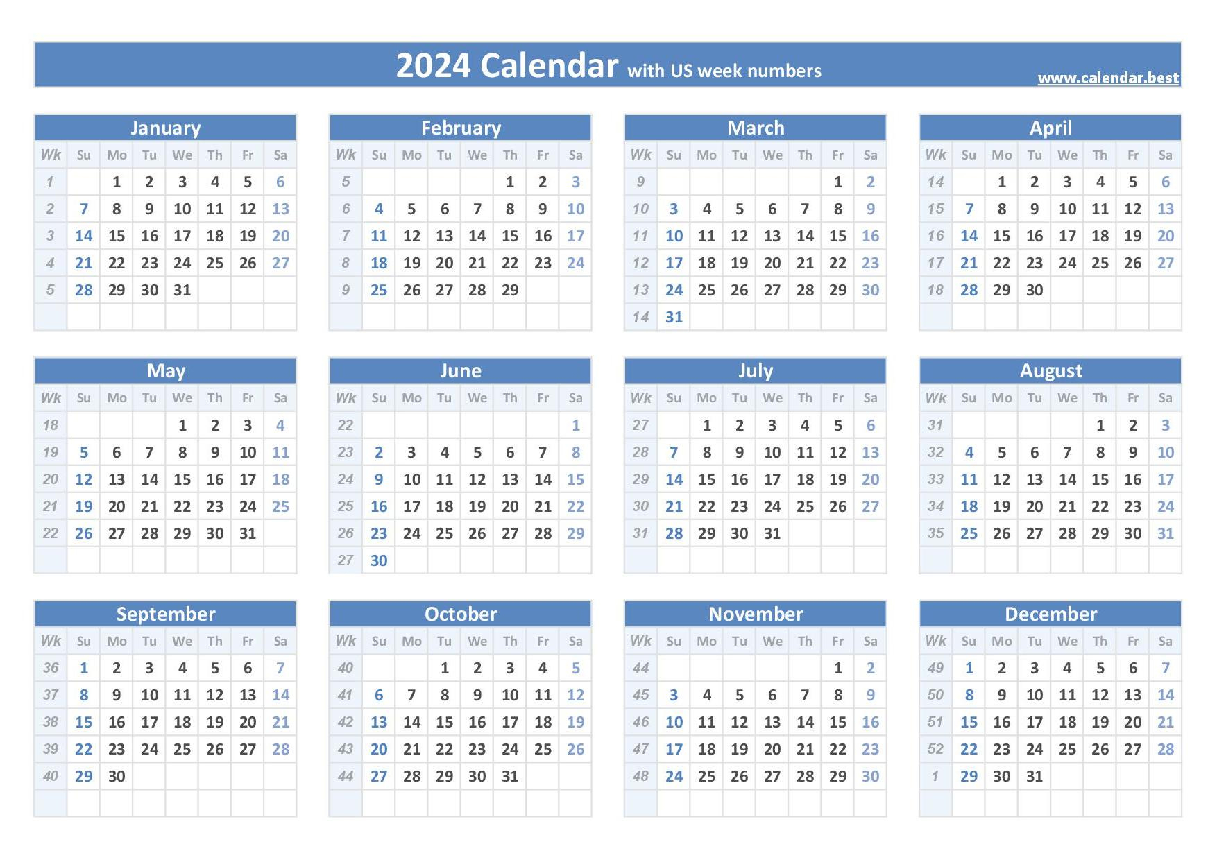 2024 Calendar With Week Numbers | Printable Calendar 2024 Weekly