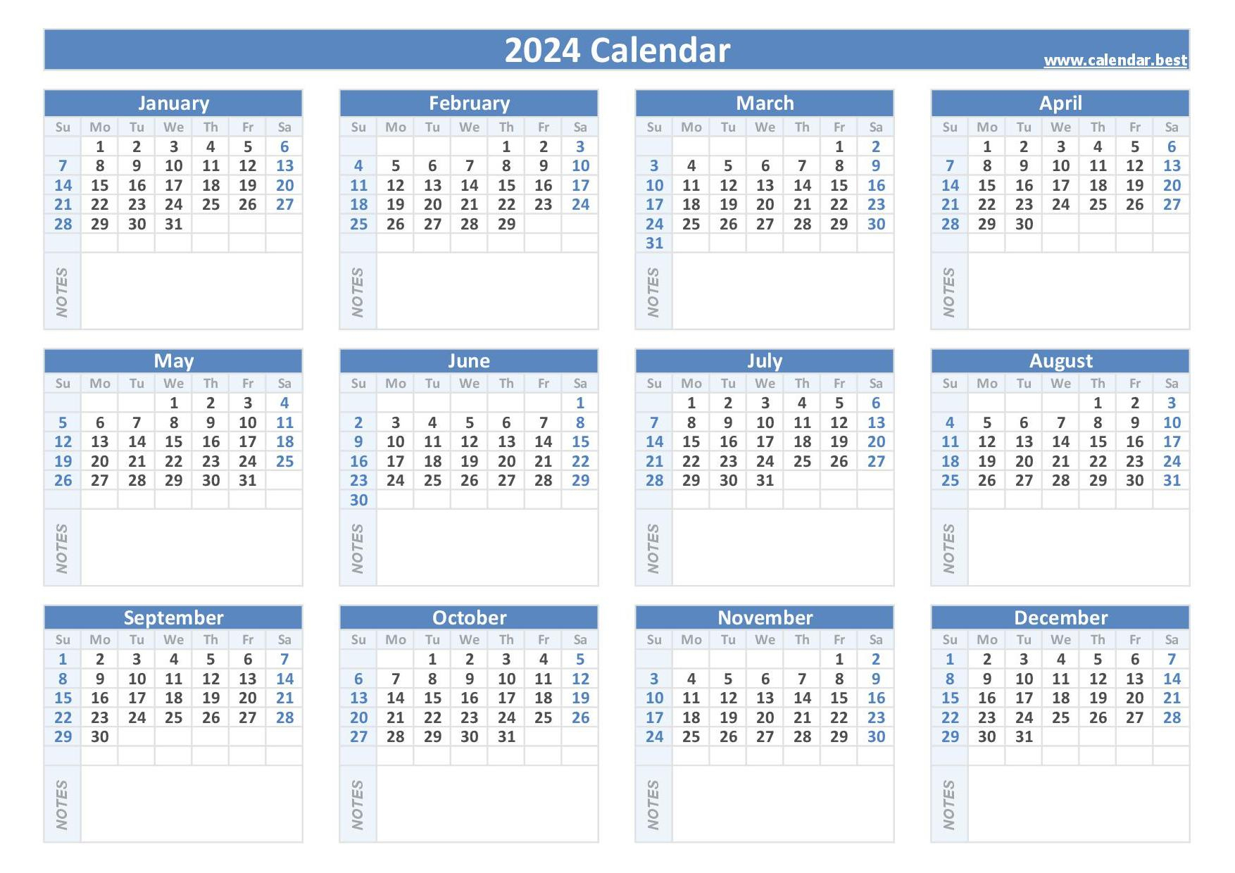 Printable Calendar 2024 with Notes | Printable Calendar 2024